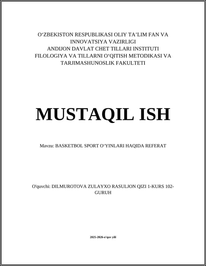 BASKETBOL SPORT OʻYINLARI HAQIDA REFERAT