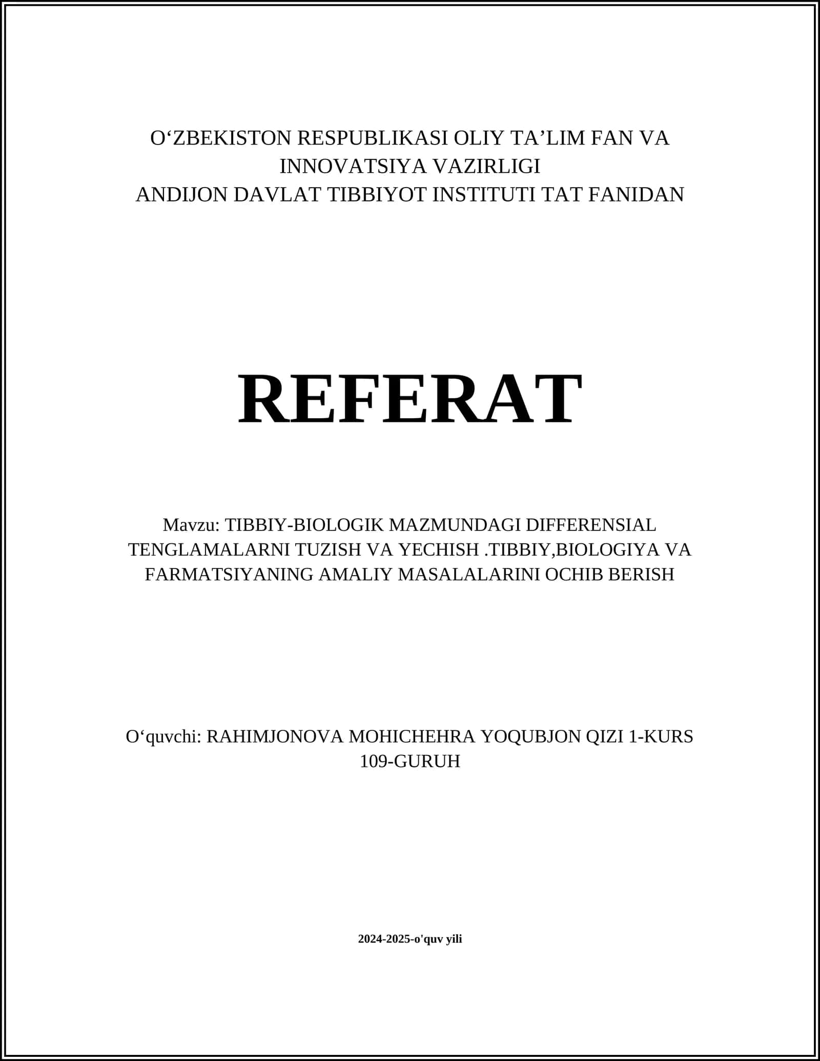TIBBIY-BIOLOGIK MAZMUNDAGI DIFFERENSIAL TENGLAMALAR