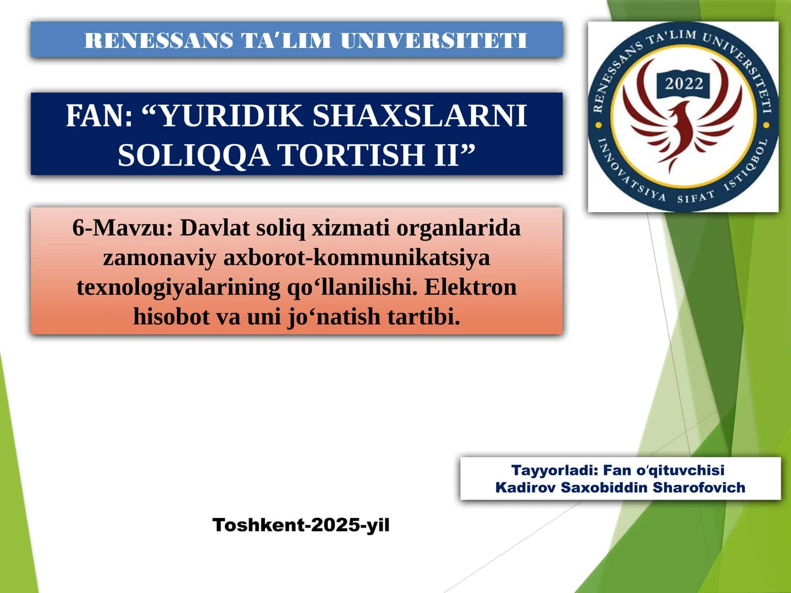 YURIDIK SHAXSLARNI SOLIQQA TORTISH II