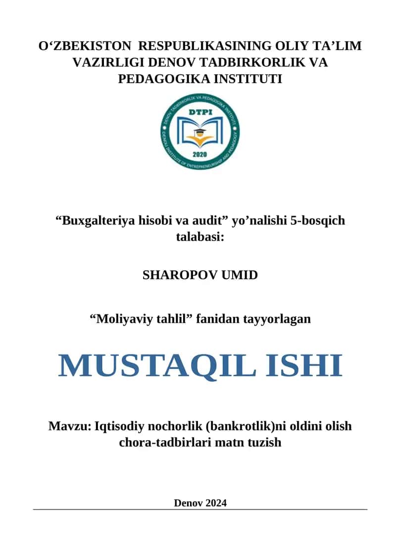 Iqtisodiy nochorlik (bankrotlik)ni oldini olish chora-tadbirlari