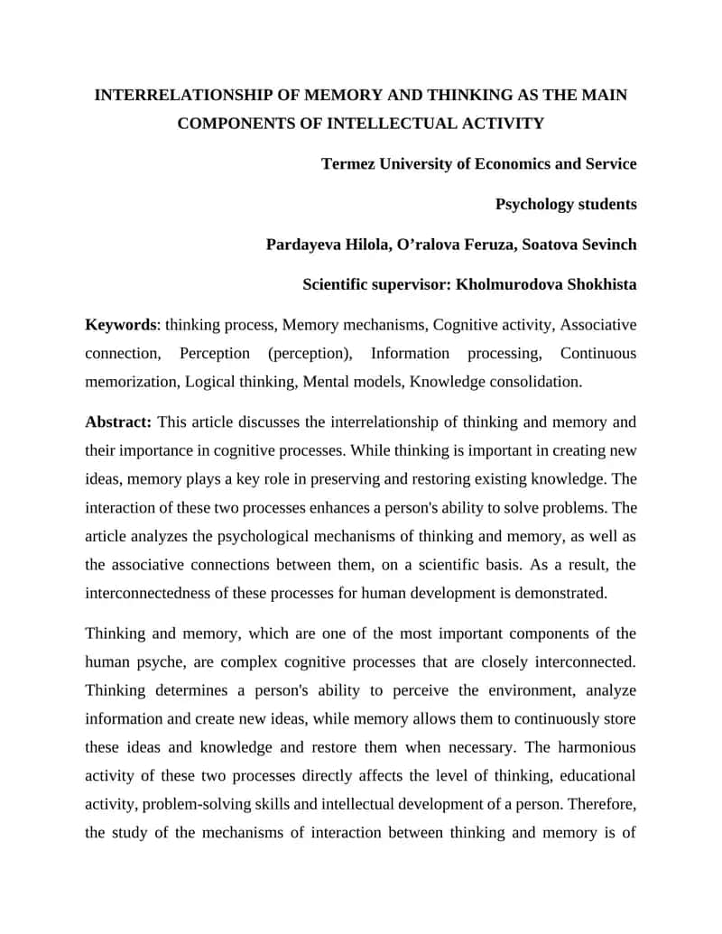 Interrelationship of Memory and Thinking as the Main Components of Intellectual Activity