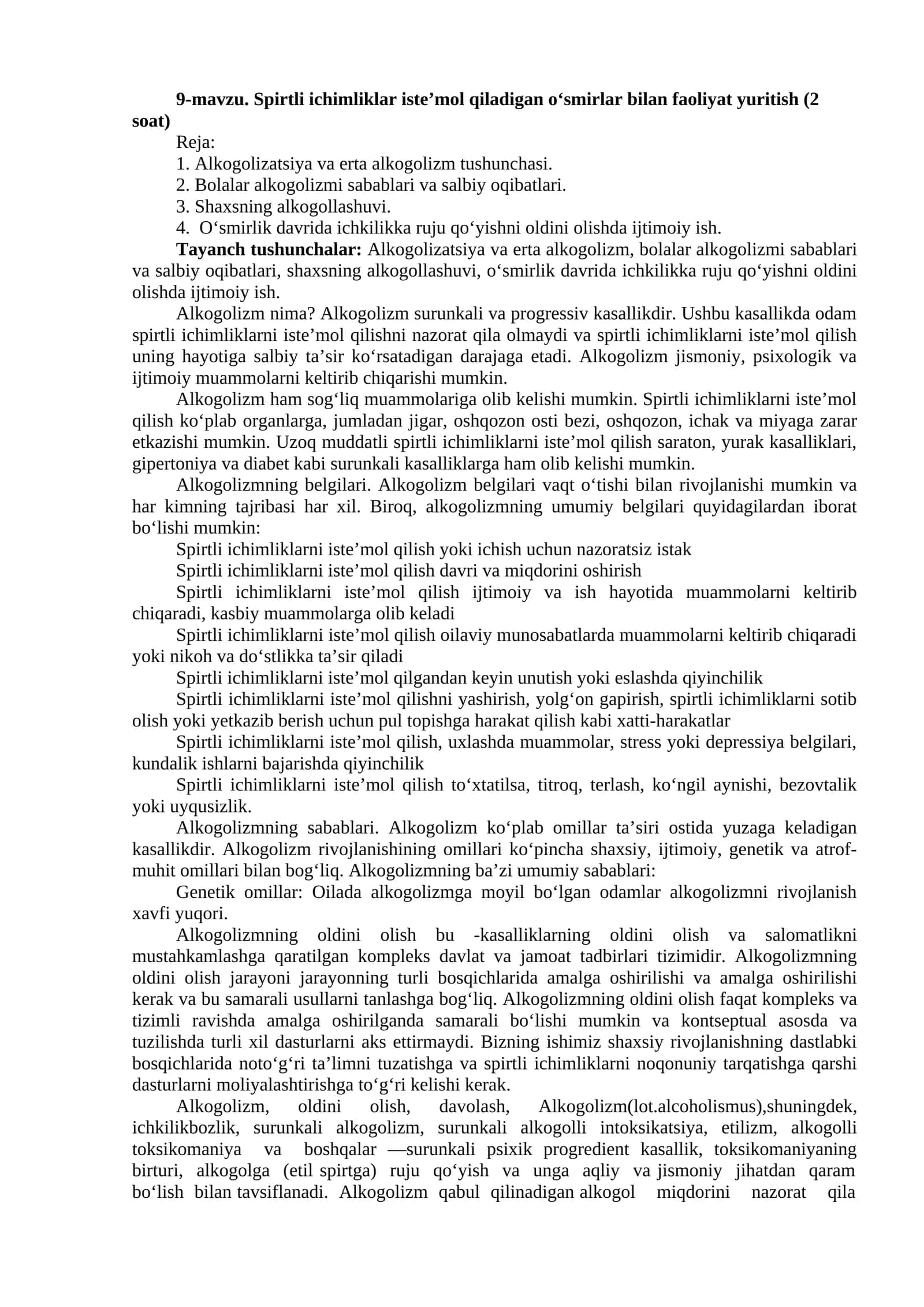 Spirtli ichimliklar iste’mol qiladigan o‘smirlar bilan faoliyat yuritish