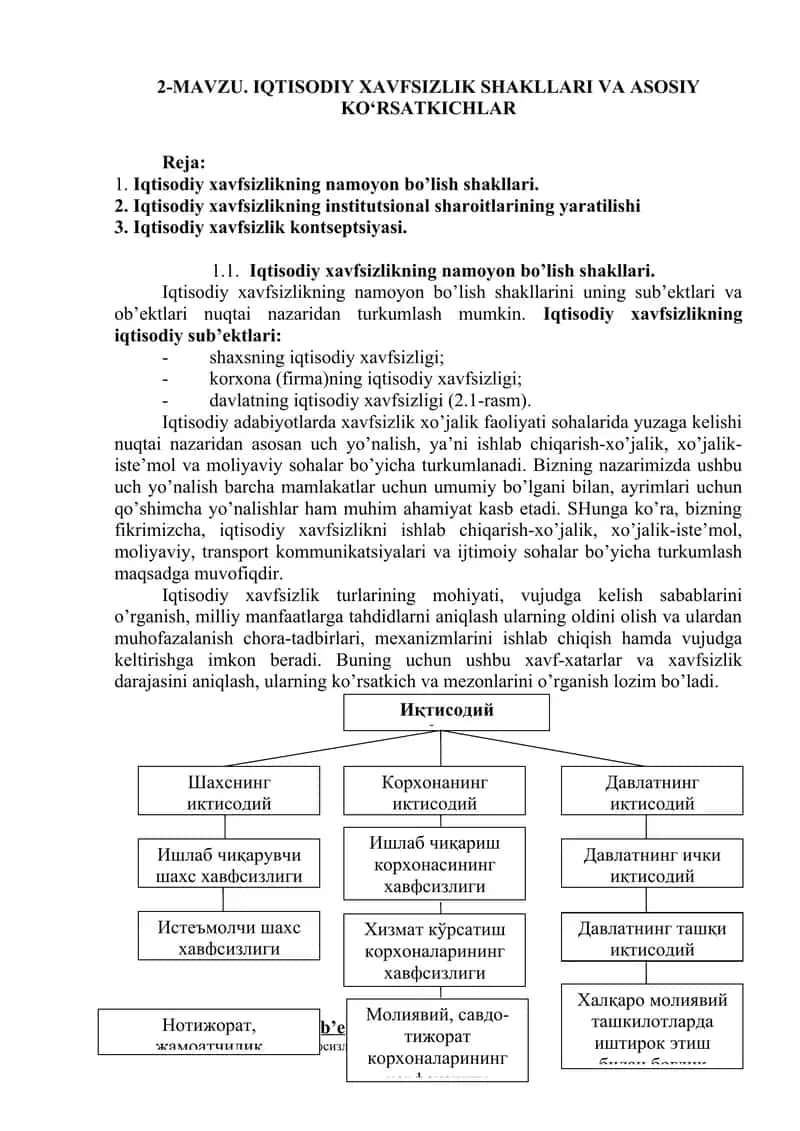 IQTISODIY XAVFSIZLIK SHAKLLARI VA ASOSIY KO‘RSATKICHLAR