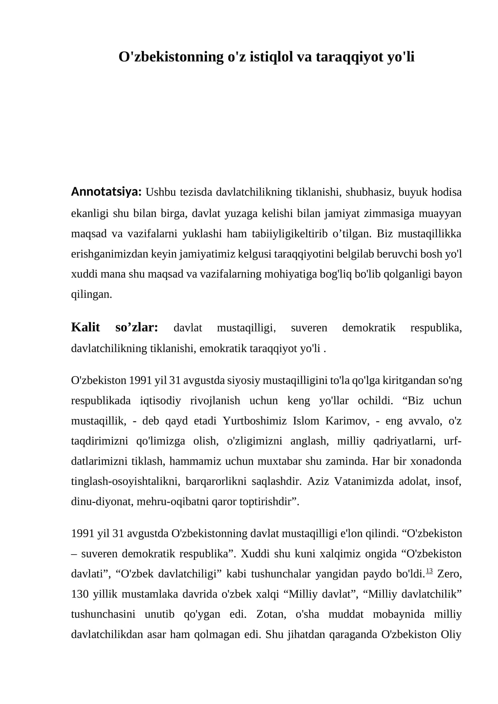 O'zbekistonning o'z istiqlol va taraqqiyot yo'li