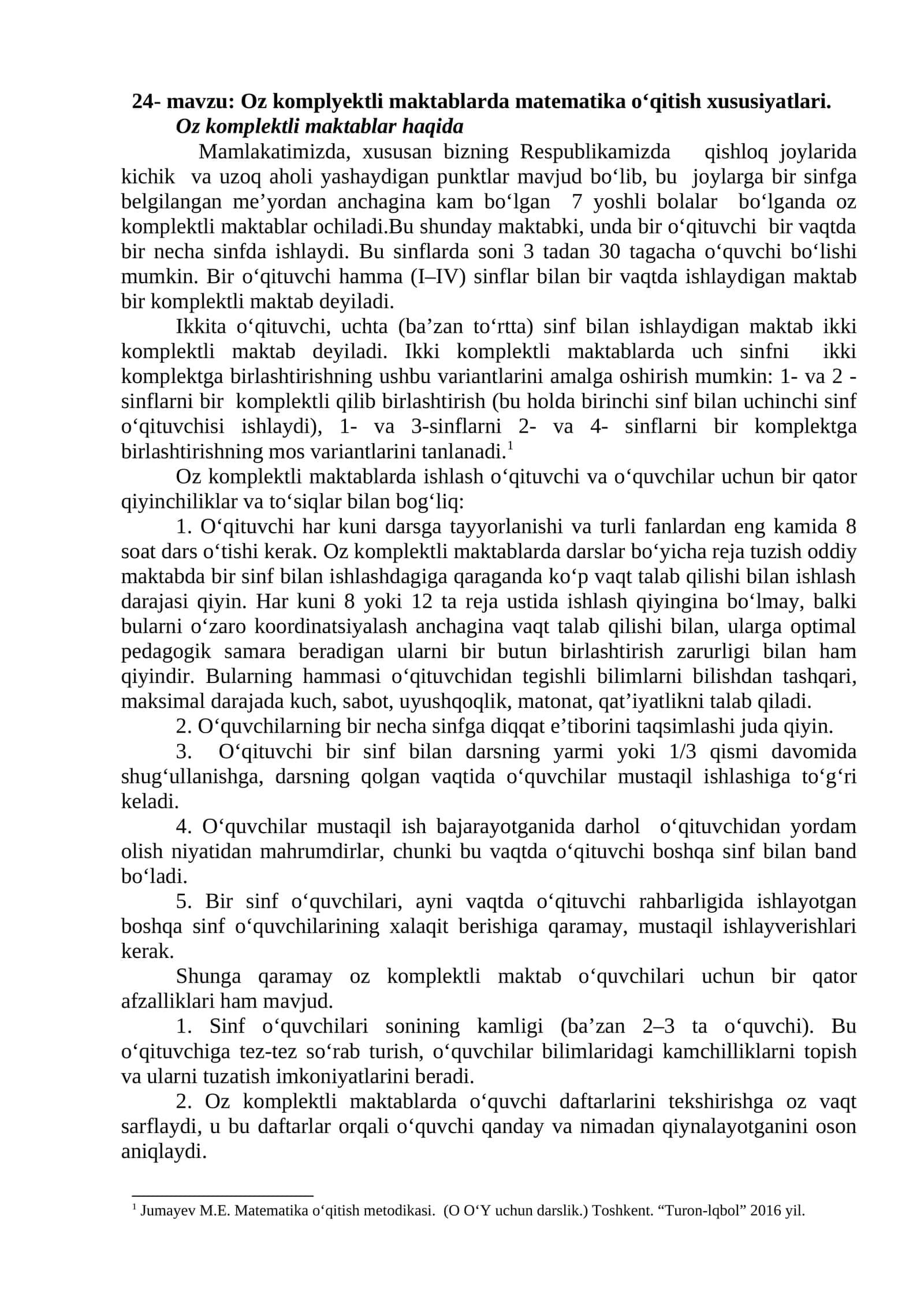 Oz komplyektli maktablarda matematika o‘qitish xususiyatlari