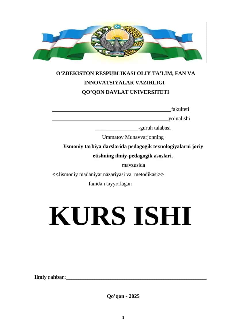 Jismoniy madaniyat nazariyasi va metodikasi kurs ishi
