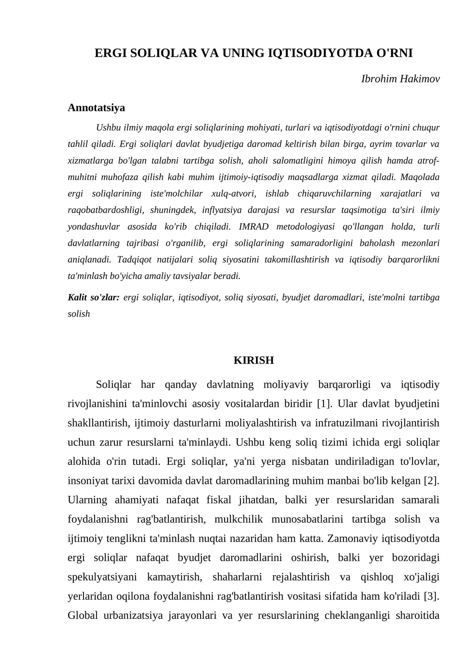 ERGI SOLIQLAR VA UNING IQTISODIYOTDA O'RNI