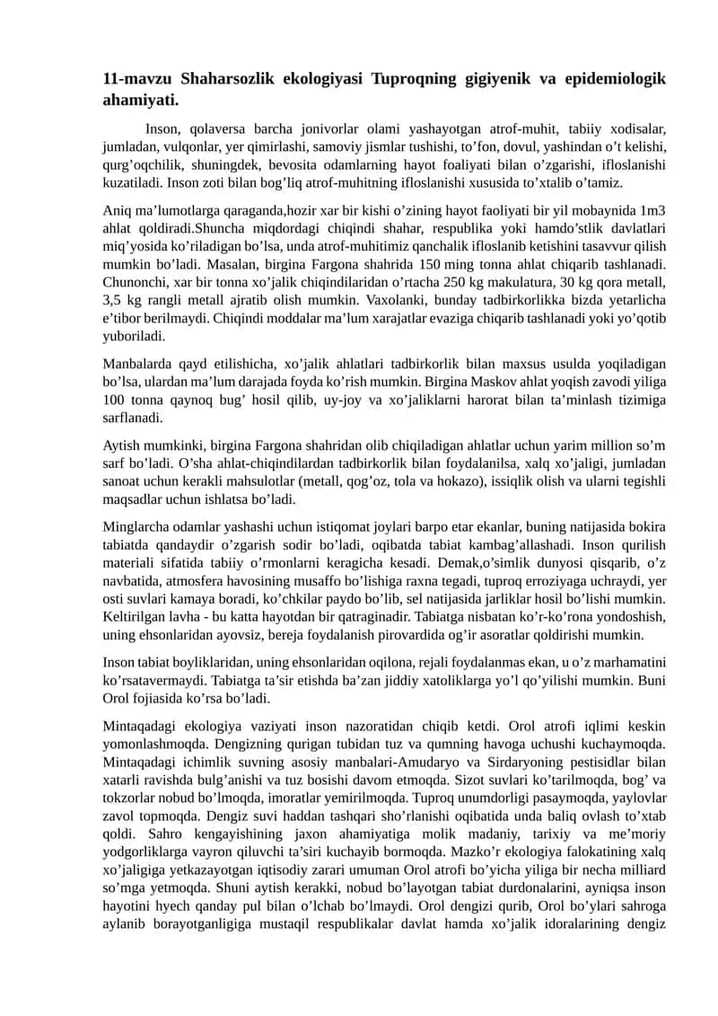 Shaharsozlik ekologiyasi Tuproqning gigiyenik va epidemiologik ahamiyati