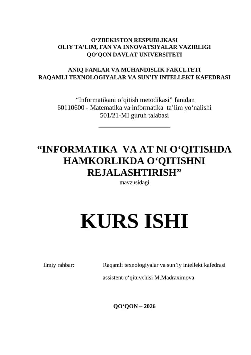 INFORMATIKA VA AT NI O‘QITISHDA HAMKORLIKDA O‘QITISHNI REJALASHTIRISH