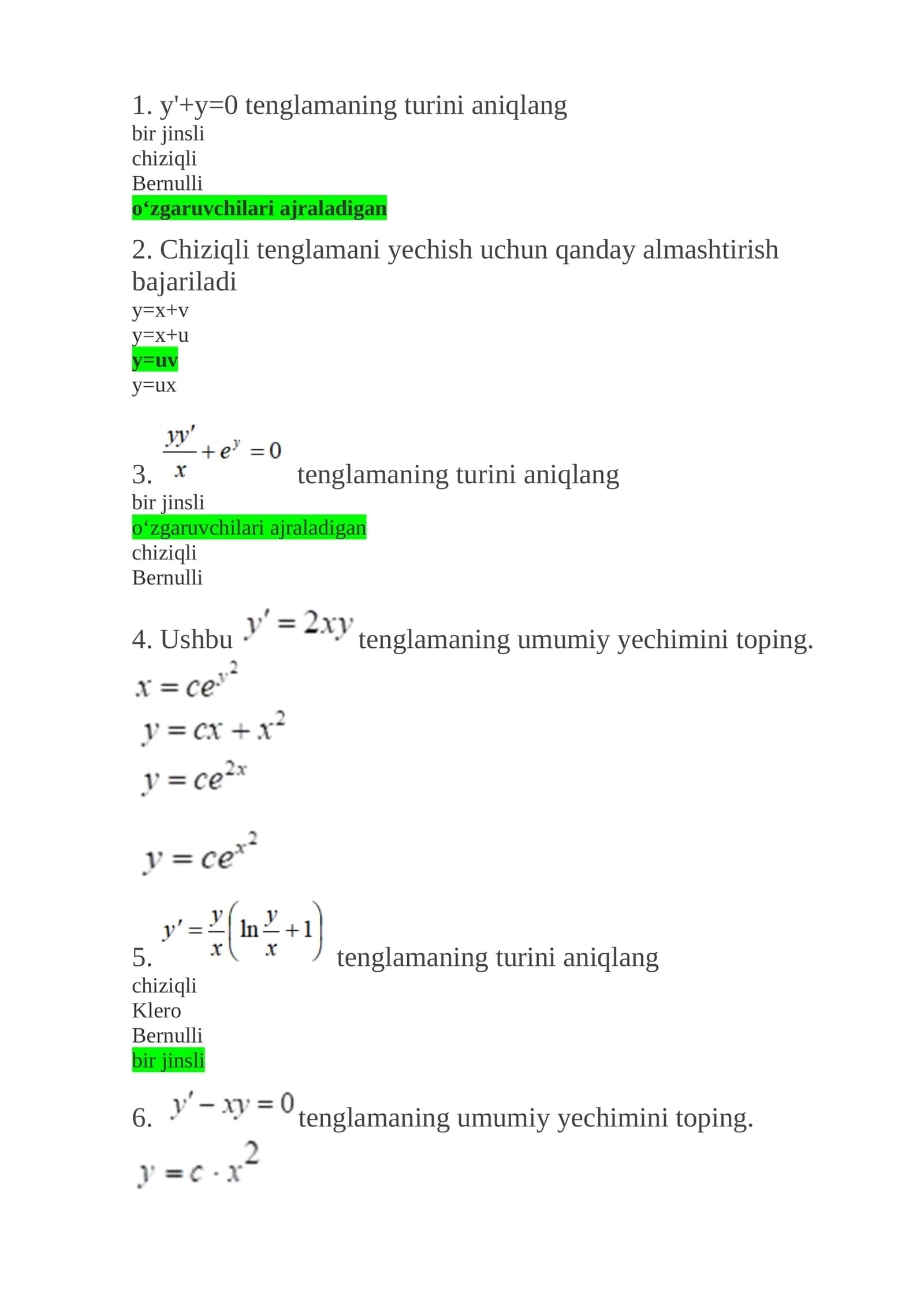 y'+y=0 tenglamaning turini aniqlang
