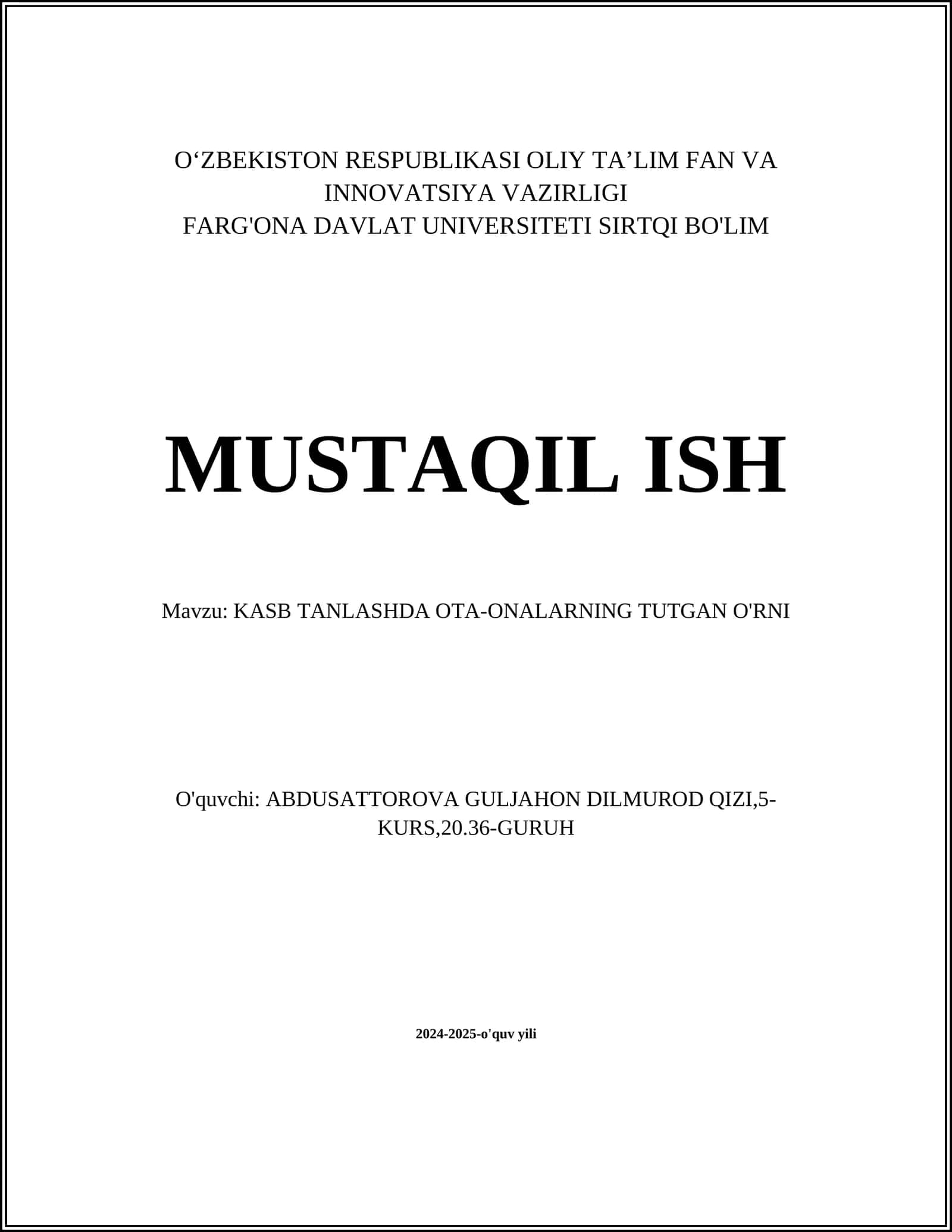 KASB TANLASHDA OTA-ONALARNING TUTGAN O'RNI