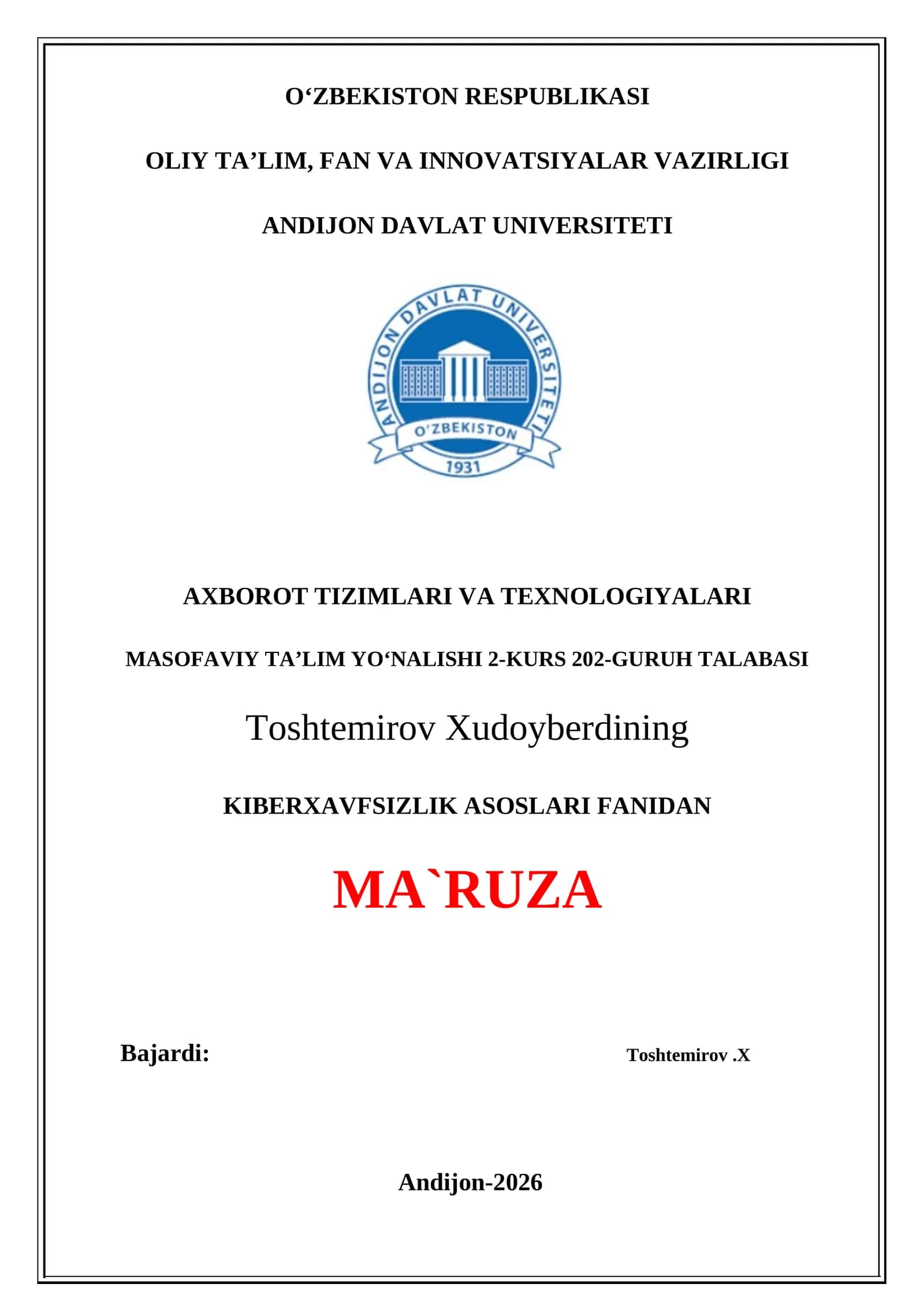 KIBERXAVFSIZLIK ASOSLARI FANIDAN MA`RUZA