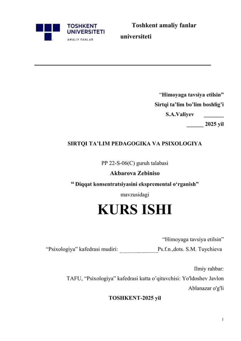 Diqqat konsentratsiyasini ekspremental o‘rganish.