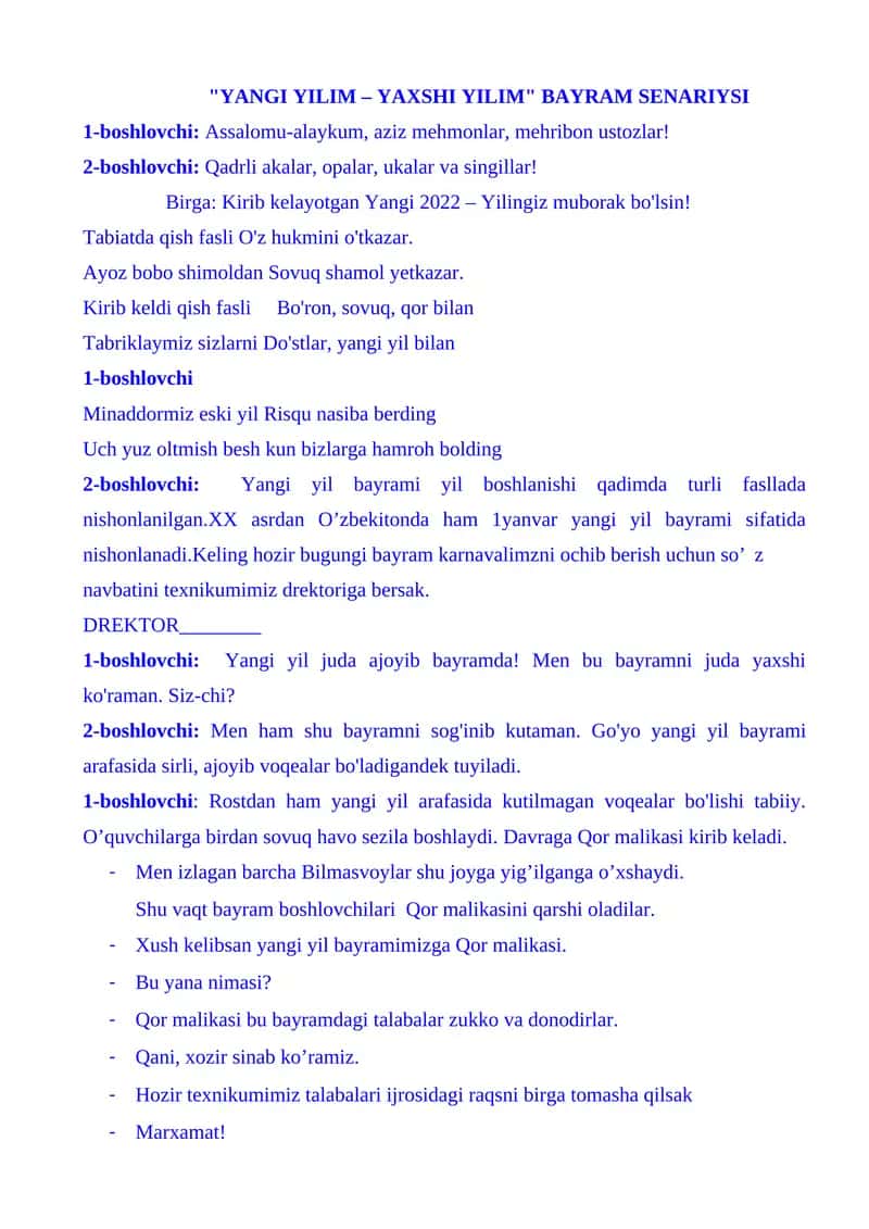 "YANGI YILIM – YAXSHI YILIM" BAYRAM SENARIYSI