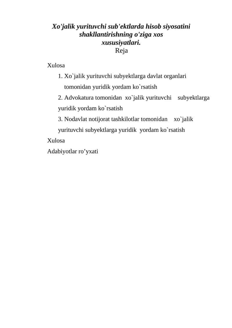 Xo'jalik yurituvchi subyektlar huquqiy asoslari