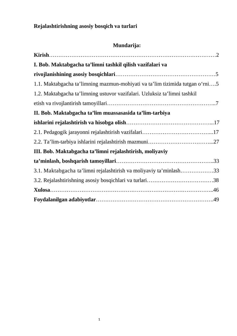 Rejalashtirishning asosiy bosqich va turlari