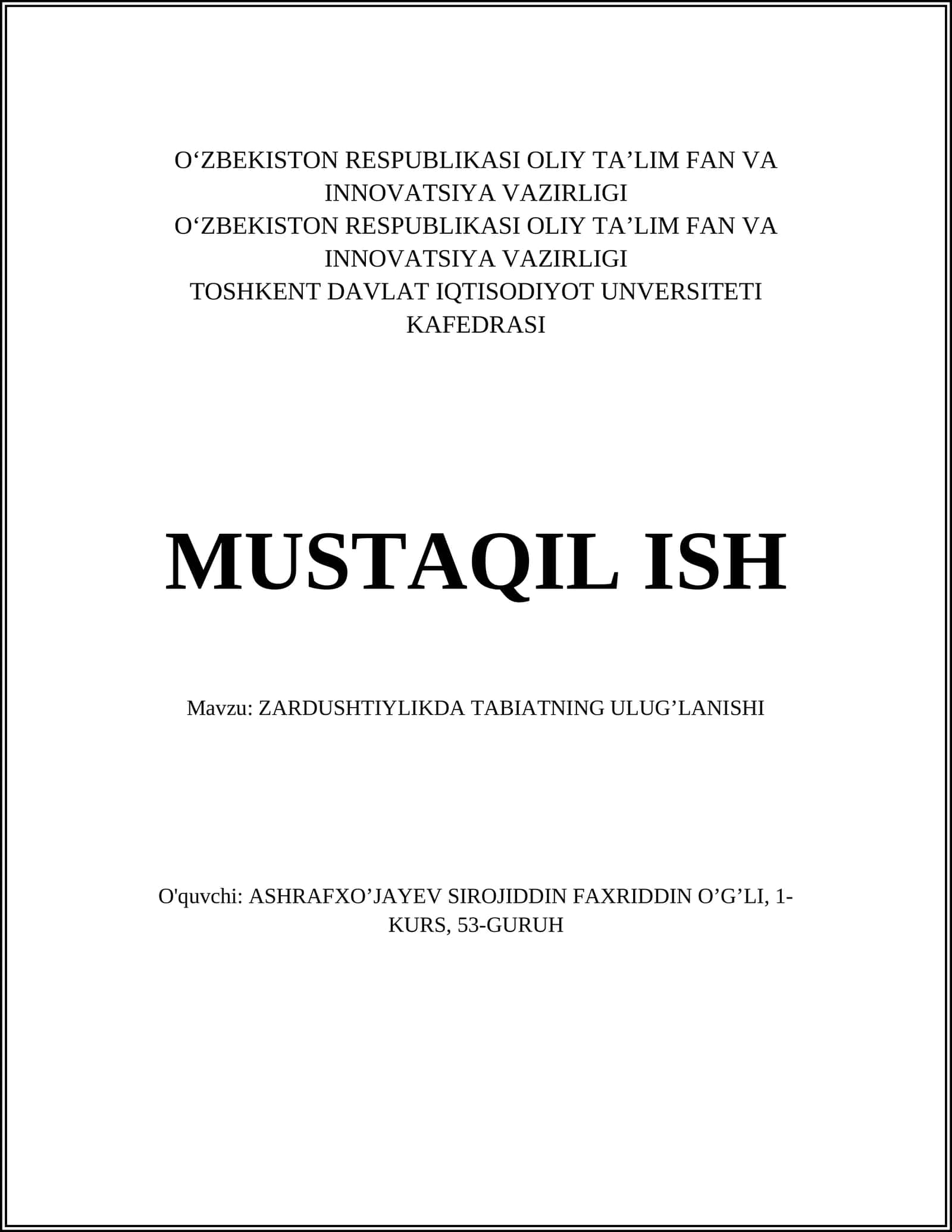 ZARDUSHTIYLIKDA TABIATNING ULUG’LANISHI