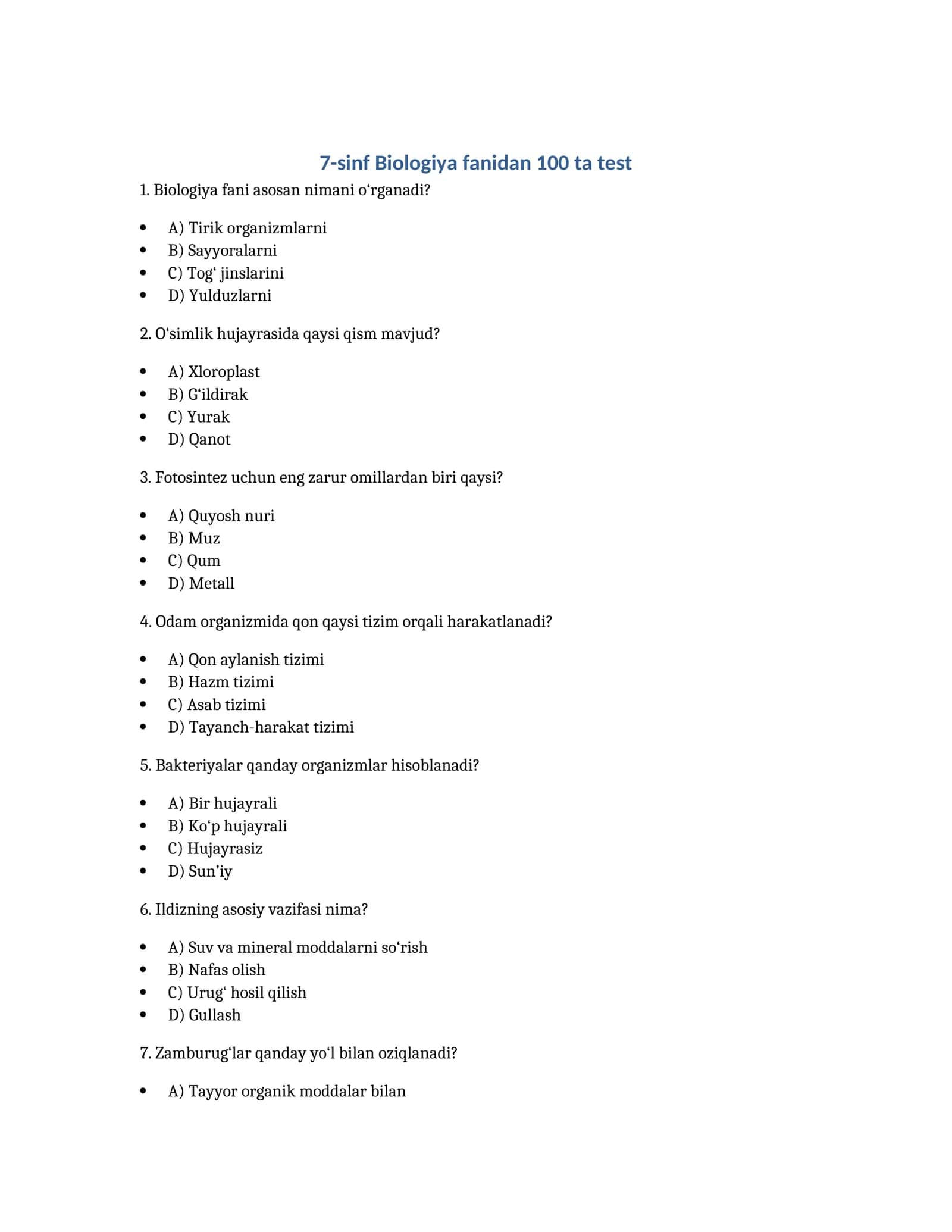 7-sinf Biologiya fanidan 100 ta test