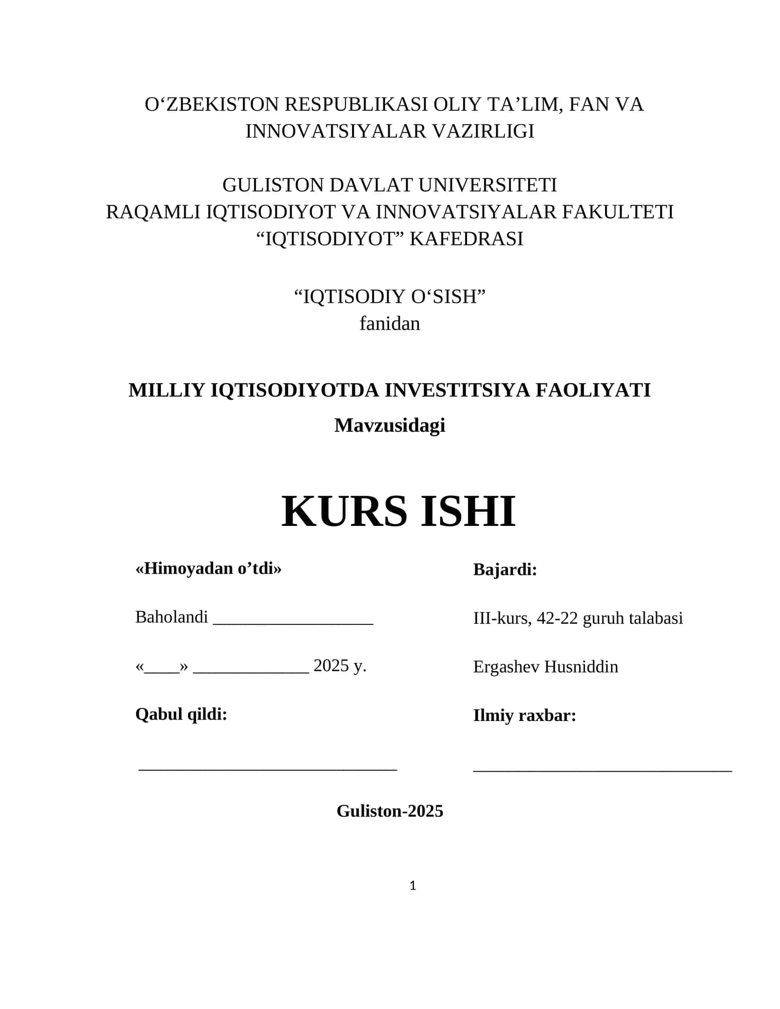 Milliy iqtisodiyotda investitsiya faoliyati