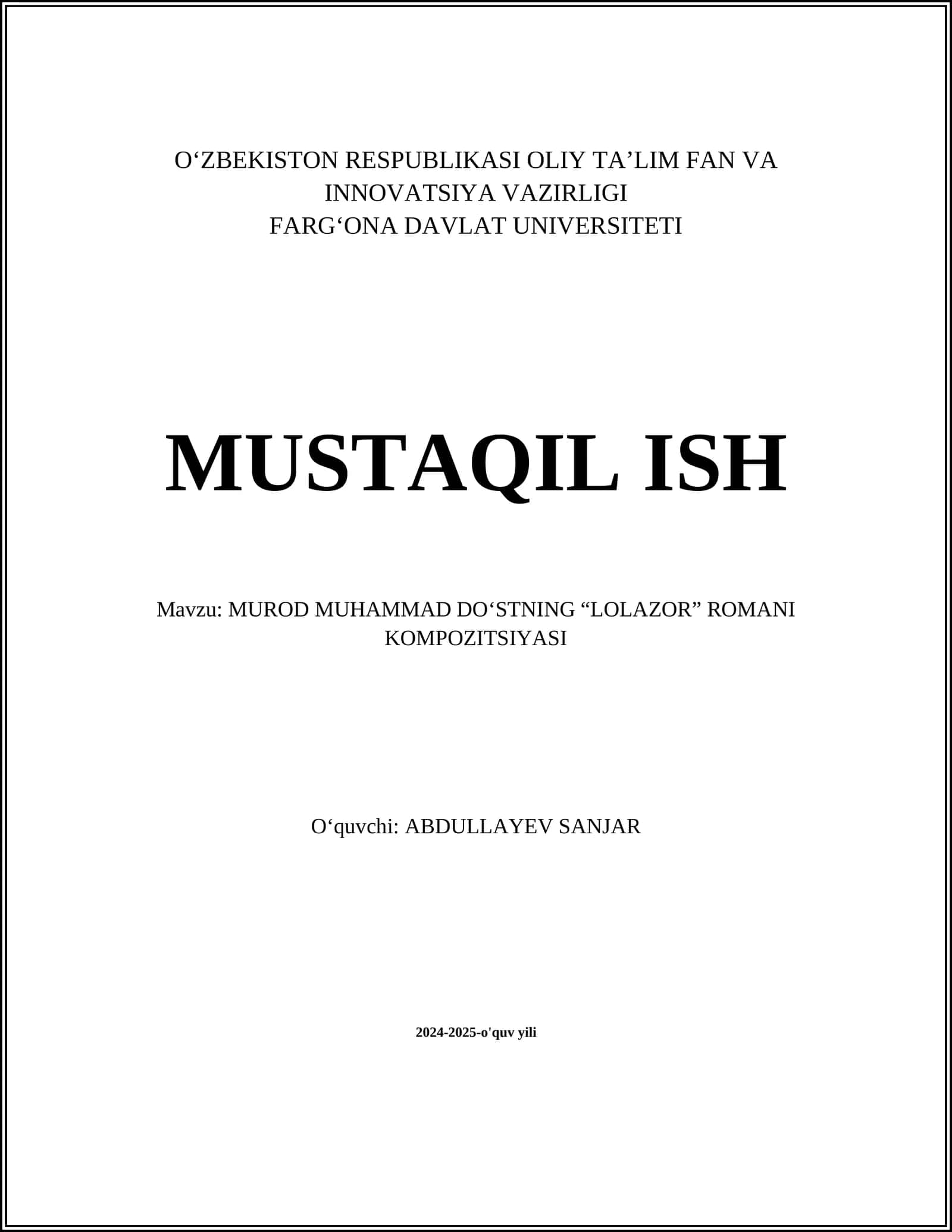 MUROD MUHAMMAD DO‘STNING “LOLAZOR” ROMANI KOMPOZITSIYASI
