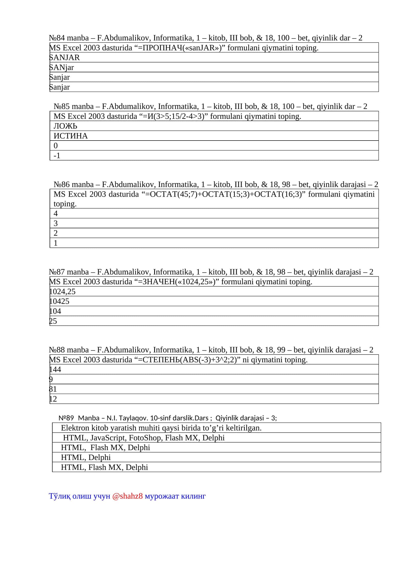 MS Excel 2003 dasturida formulalar