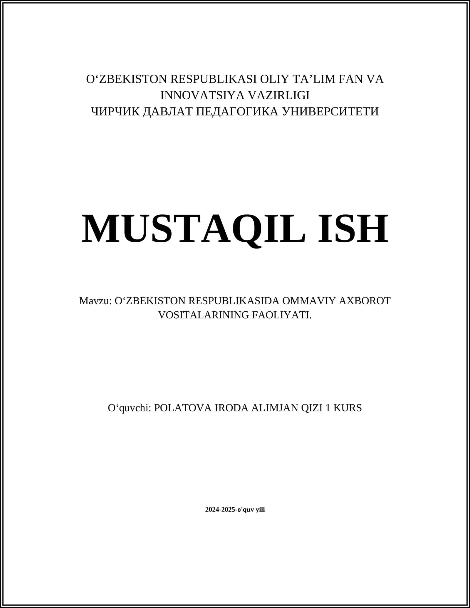 O‘ZBEKISTON RESPUBLIKASIDA OMMAVIY AXBOROT VOSITALARINING FAOLIYATI