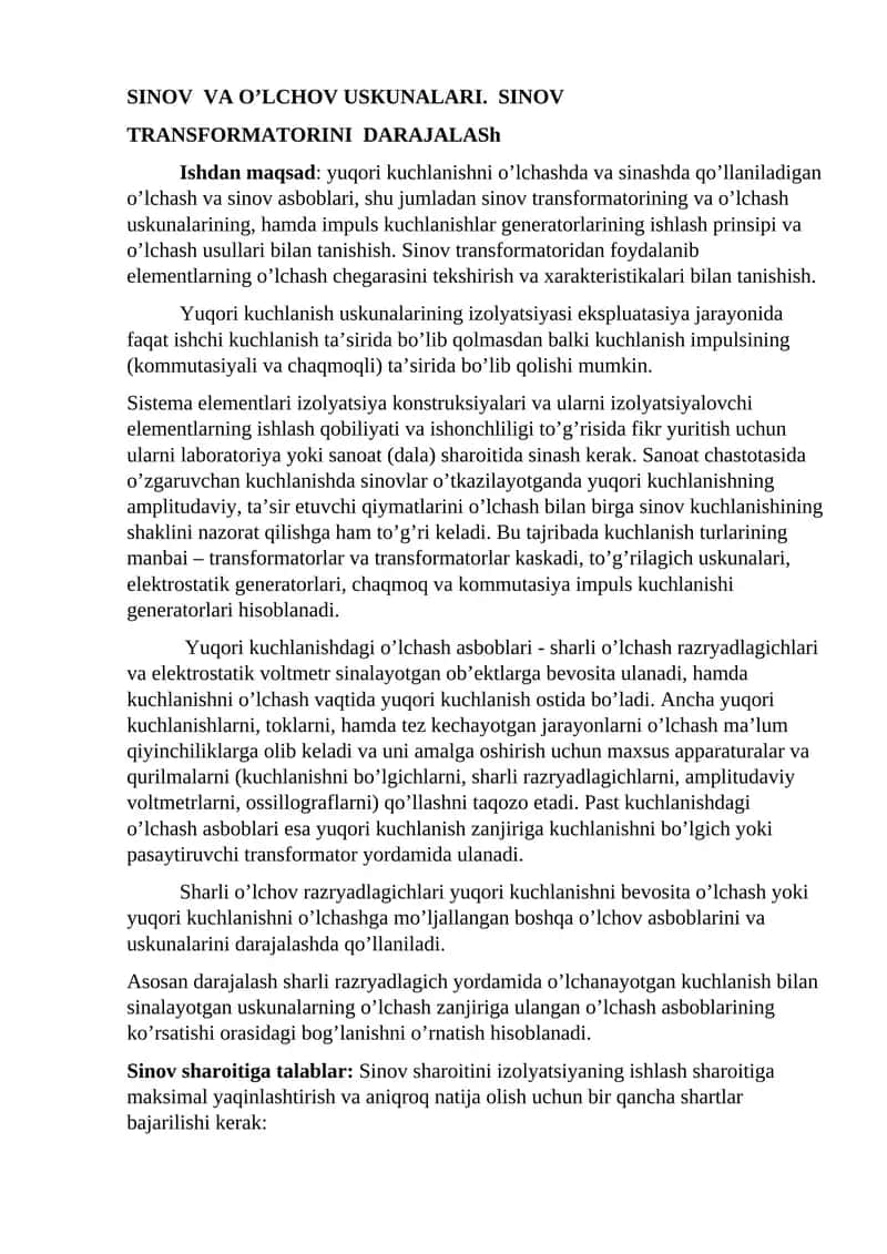 SINOV VA O’LCHOV USКUNALARI. SINOV TRANSFORMATORINI DARAJALASh