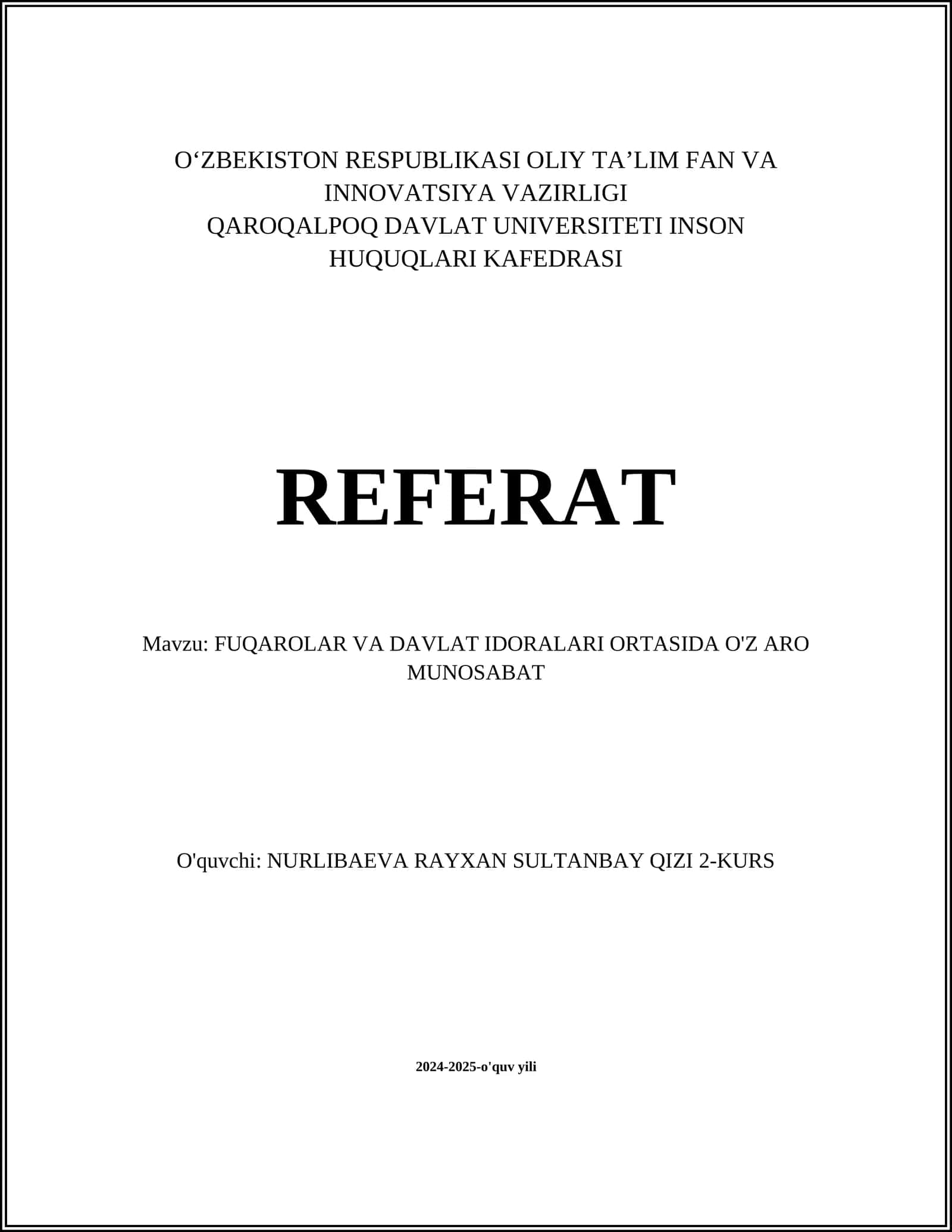 FUQAROLAR VA DAVLAT IDORALARI ORTASIDA O'Z ARO MUNOSABAT