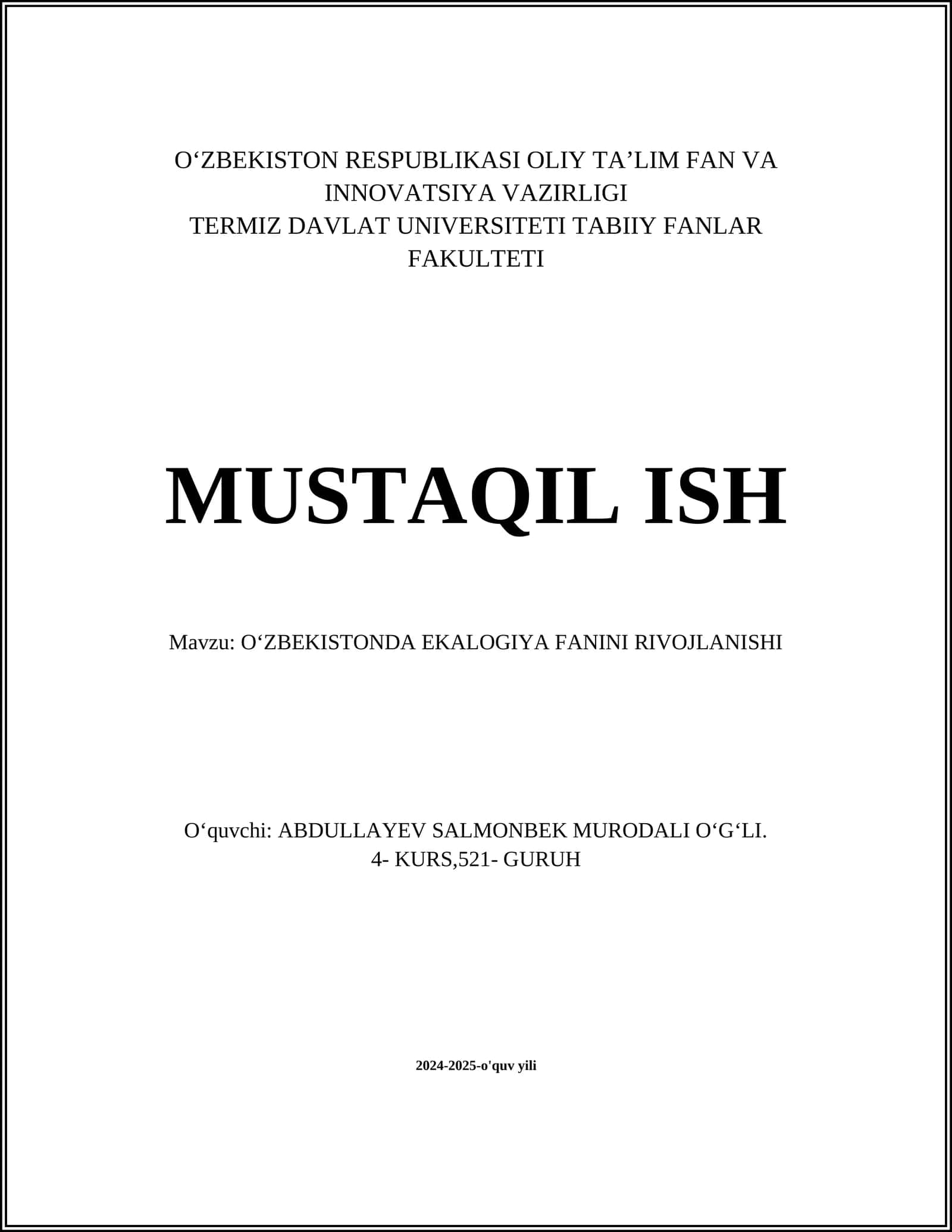 Oʻzbekistonda Ekologiya Fanini Rivojlanishi
