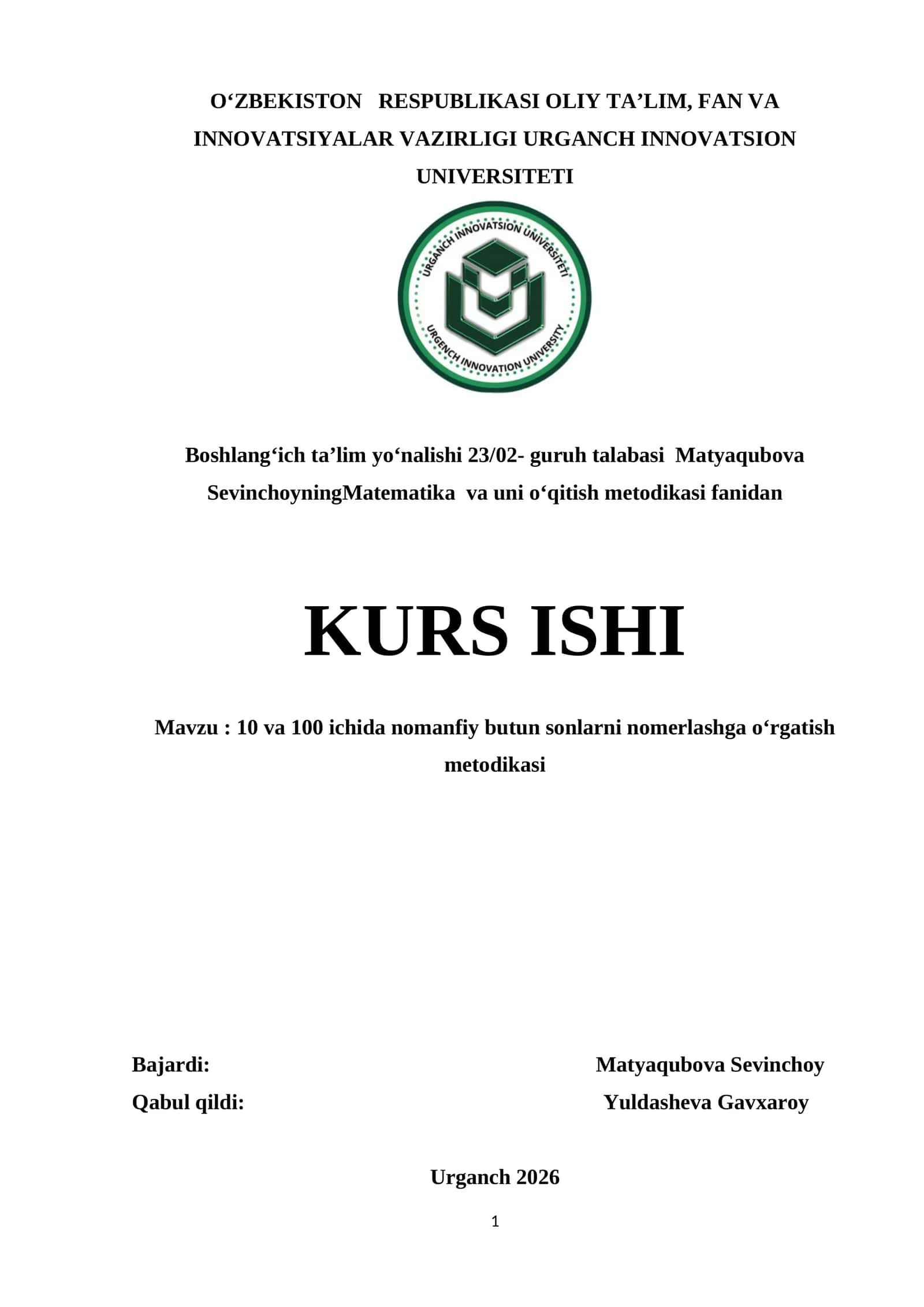 10 va 100 ichida nomanfiy butun sonlarni nomerlashga oʻrgatish metodikasi