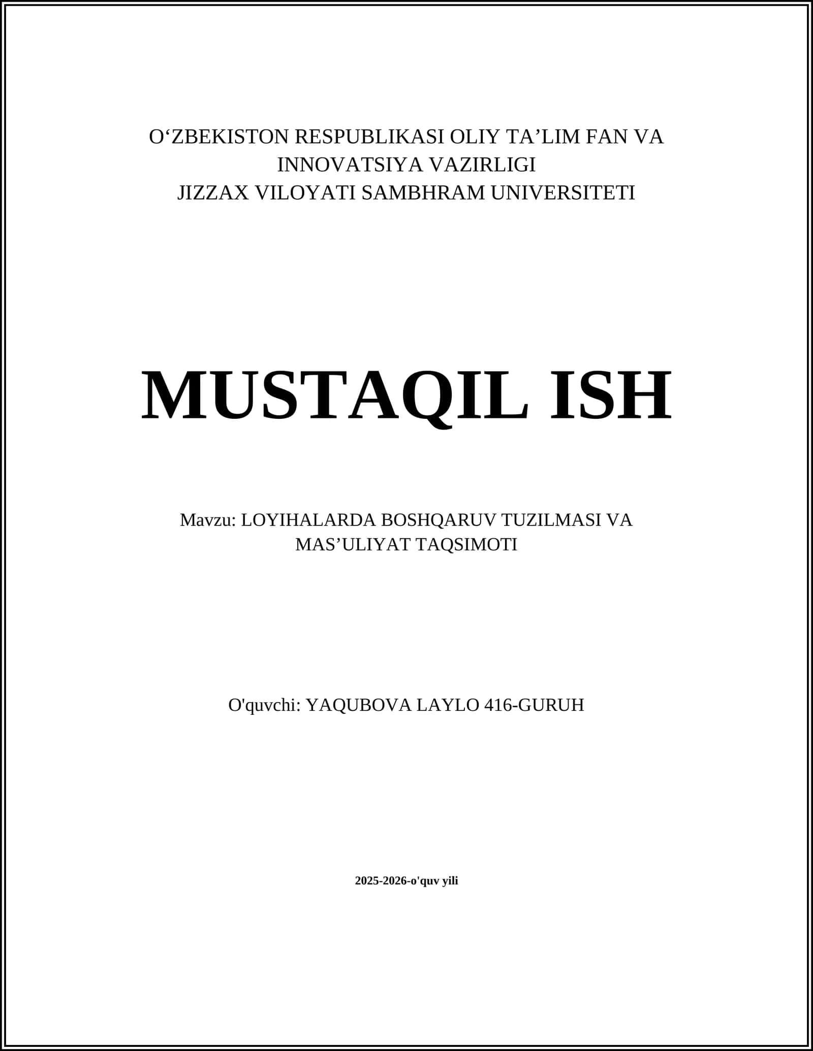 LOYIHALARDA BOSHQARUV TUZILMASI VA MASʼULIYAT TAQSIMOTI