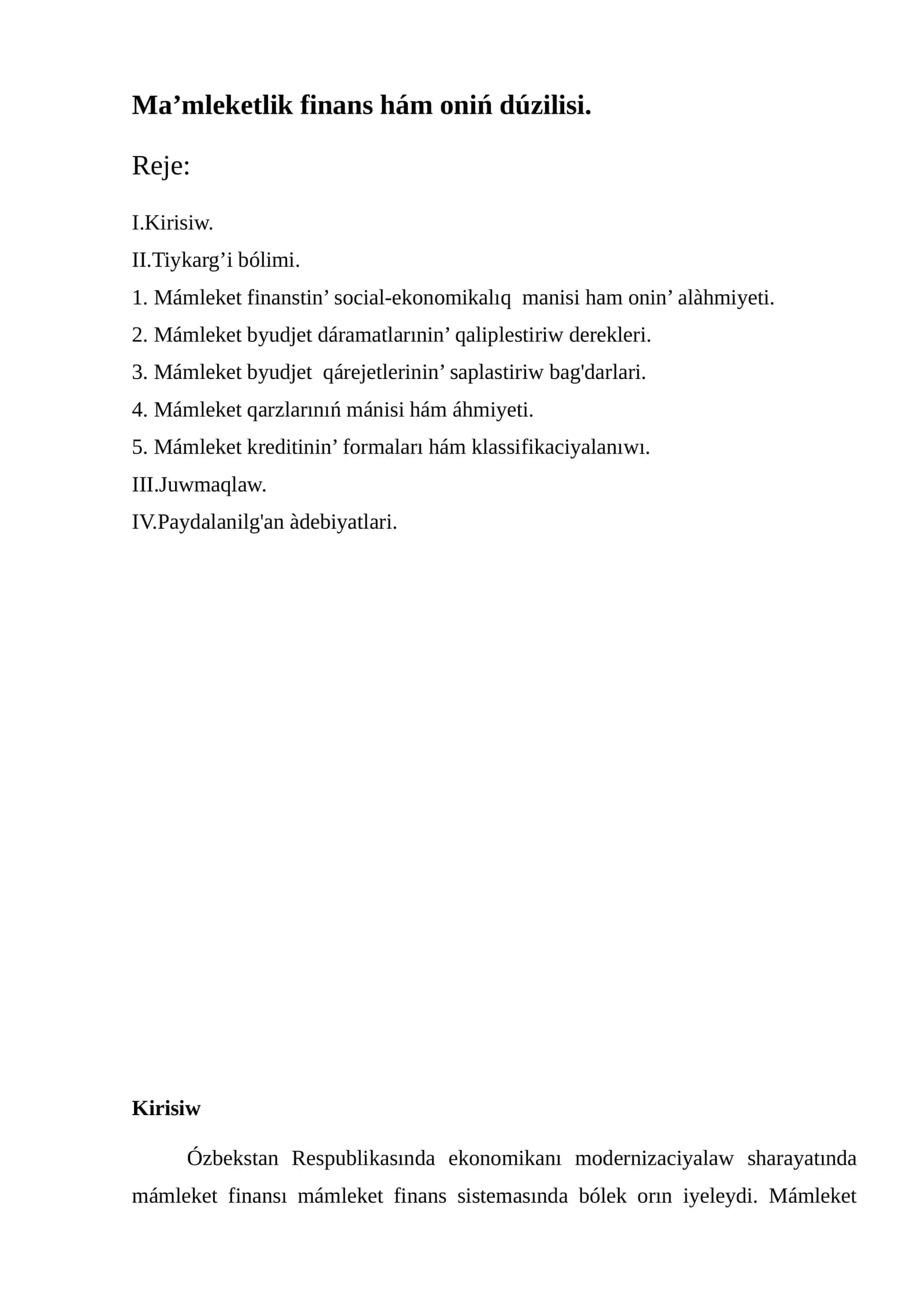Ma’mleketlik finans hám oniń dúzilisi