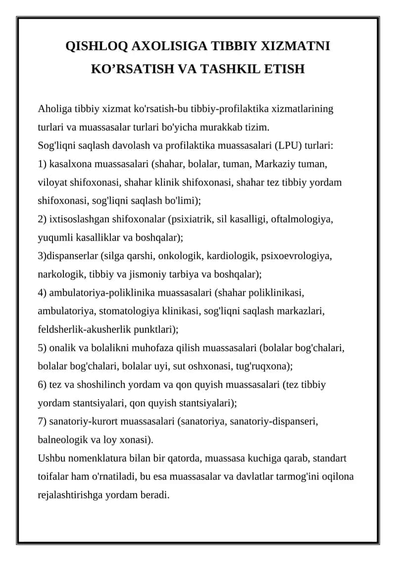 QISHLOQ AXOLISIGA TIBBIY XIZMATNI KO’RSATISH VA TASHKIL ETISH