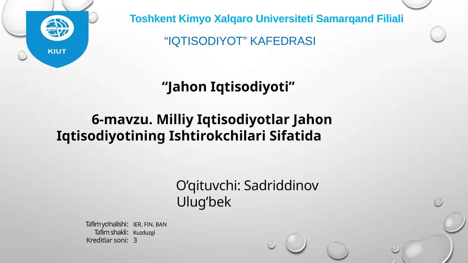 Milliy iqtisodiyotlar jahon iqtisodiyotining ishtirokchilari sifatida