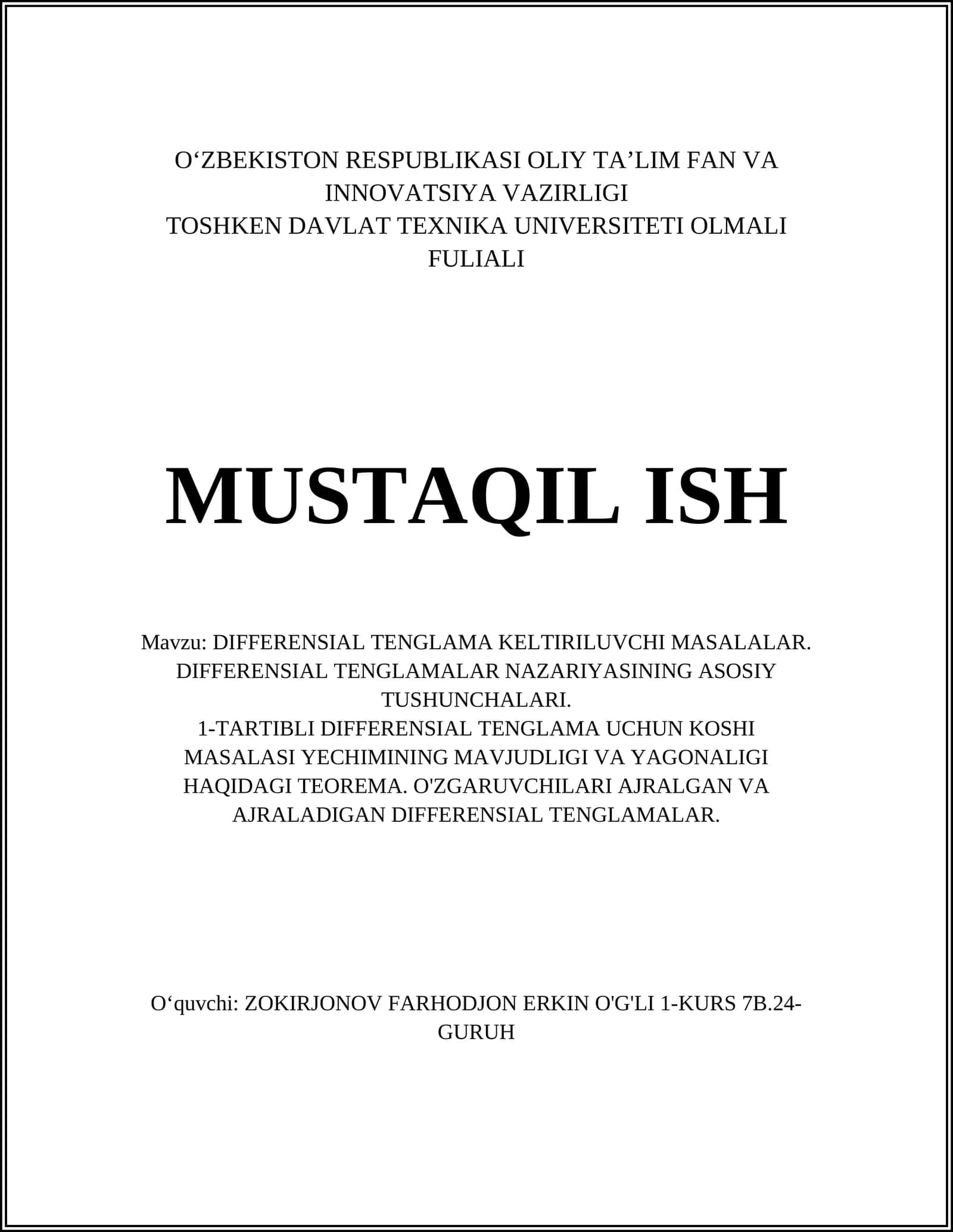 DIFFERENSIAL TENGLAMA KELTIRILUVCHI MASALALAR