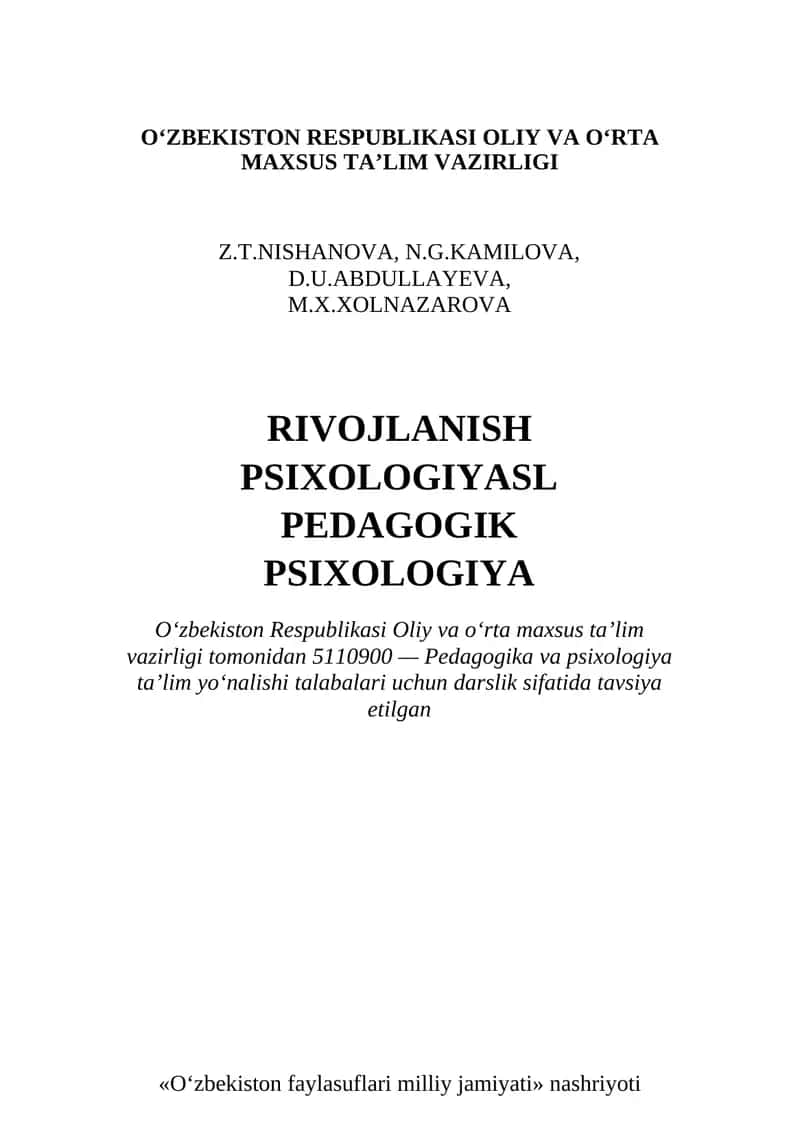 Rivojlanish psixoiogiyasi. Pedagogik psixologiya