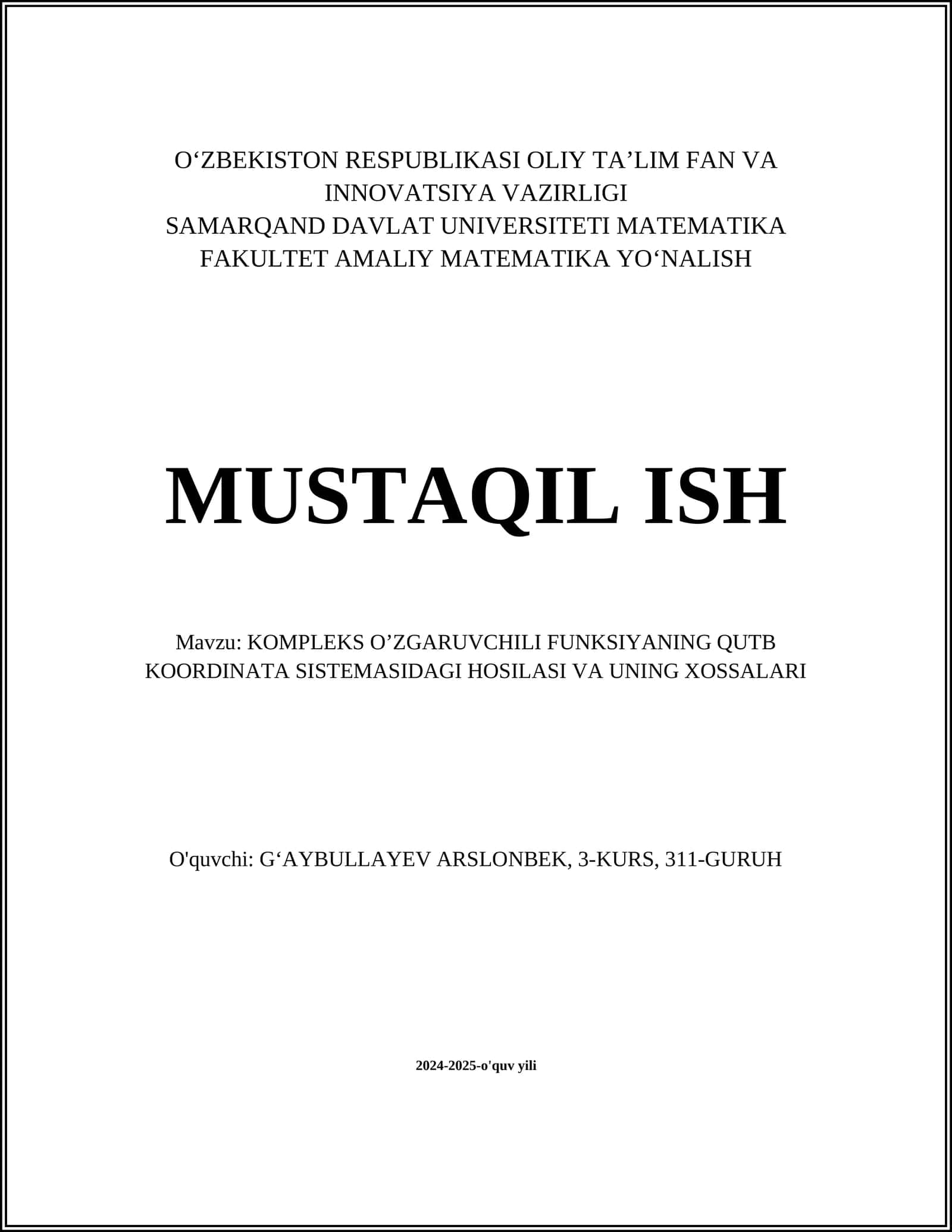 Kompleks o'zgaruvchili funksiyaning qutb koordinata sistemadagi hosilasi va uning xossalari