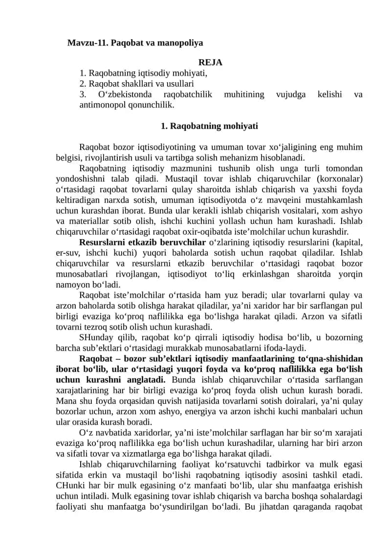 Raqobatning Iqtisodiy Mohiyati