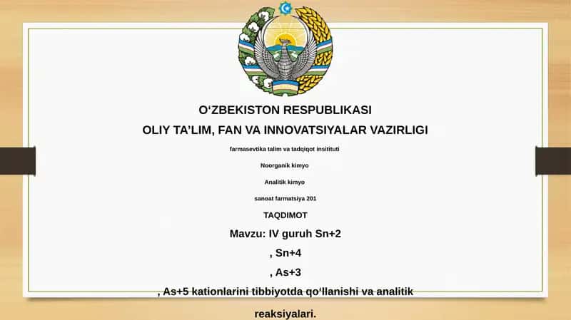 IV guruh Sn+2, Sn+4, As+3, As+5 kationlarini tibbiyotda qoʻllanishi va analitik reaksiyalari
