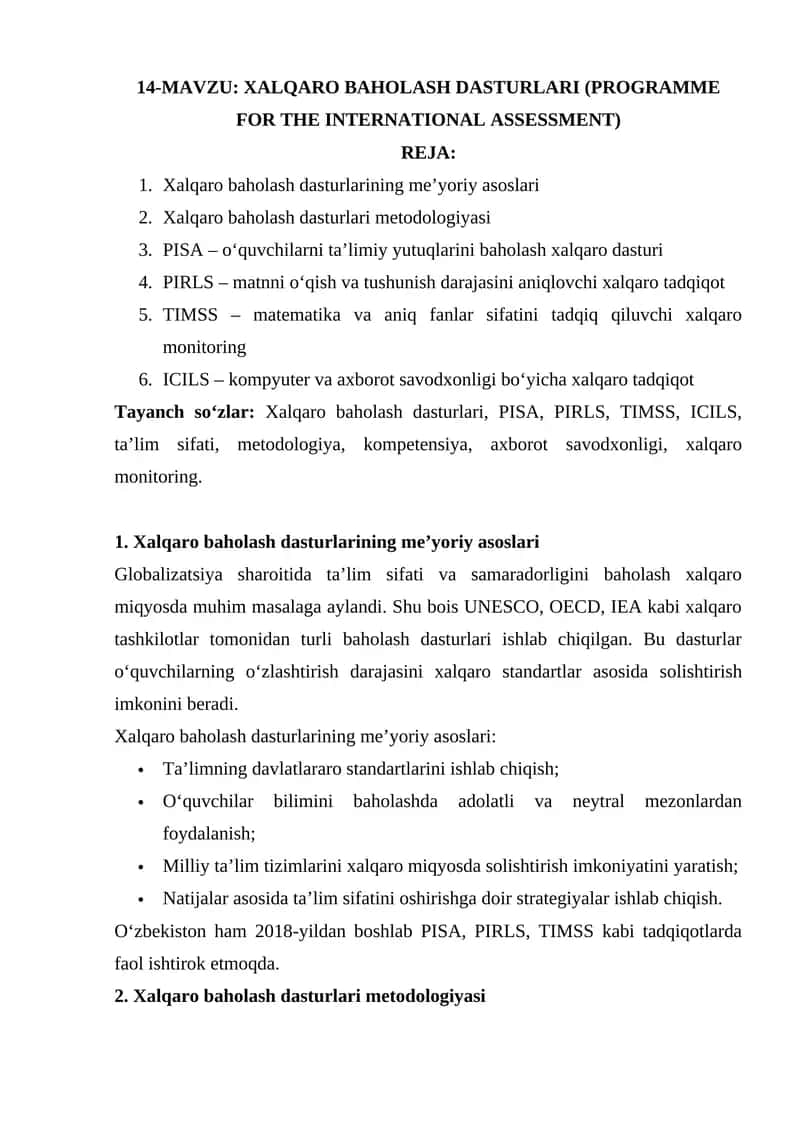 XALQARO BAHOLASH DASTURLARI (PROGRAMME FOR THE INTERNATIONAL ASSESSMENT)