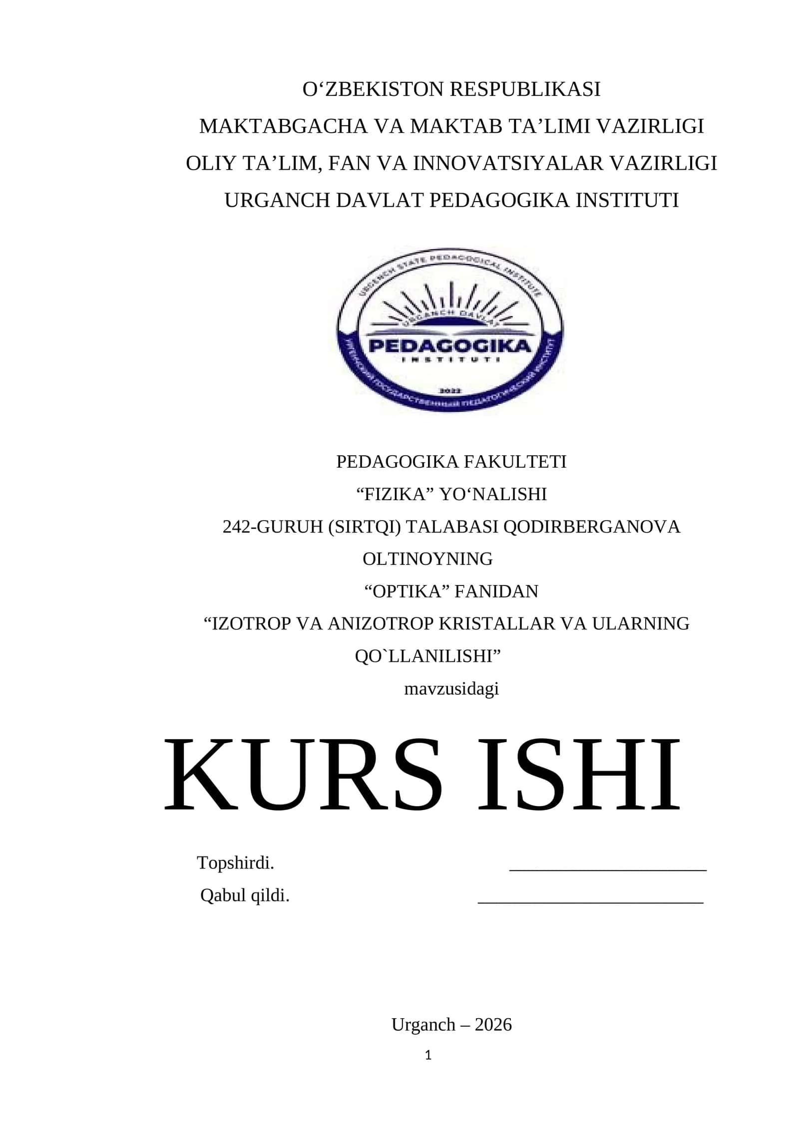 Optika fanidan kurs ishi