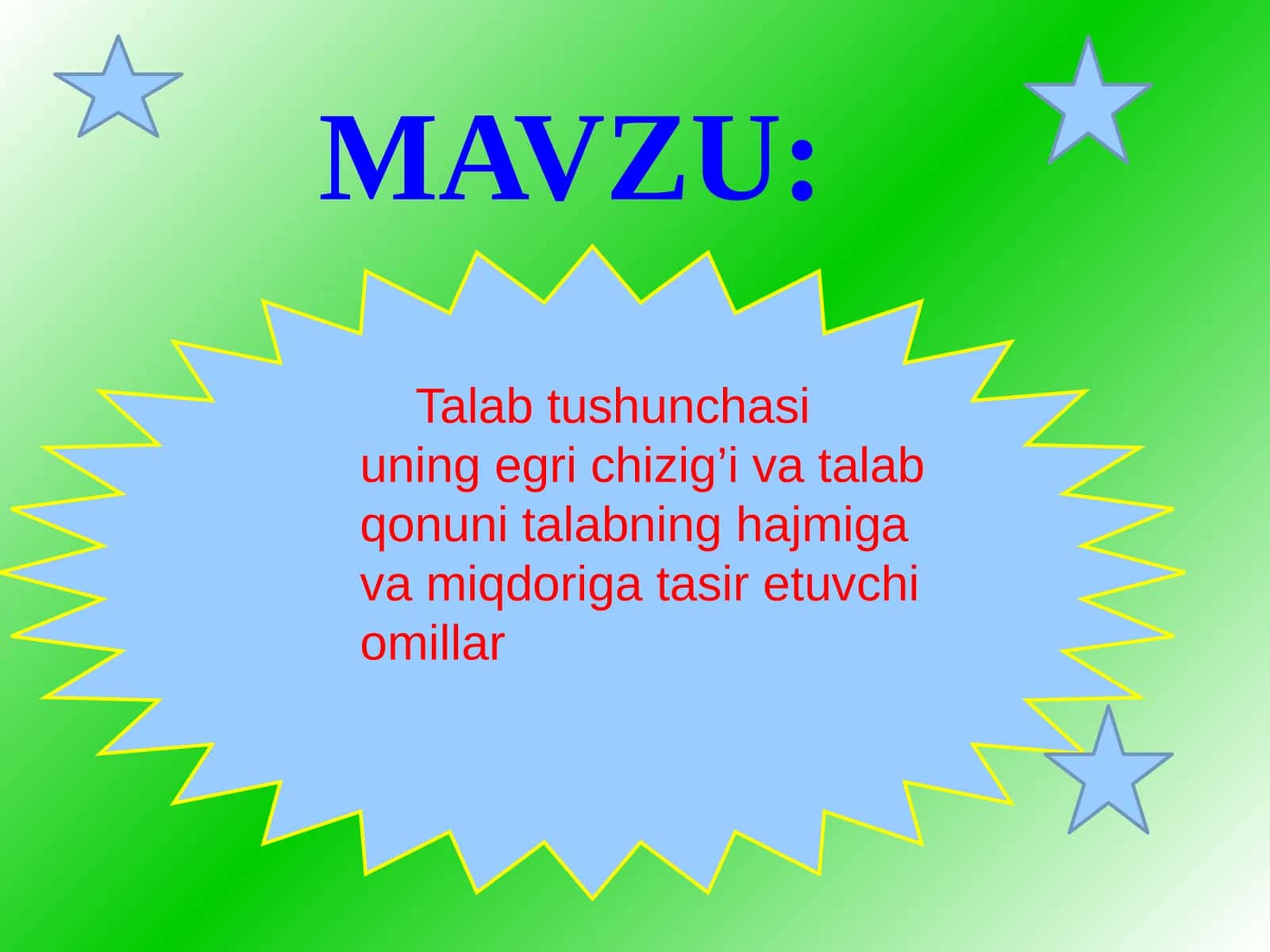 Talab tushunchasi uning egri chizig’i va talab qonuni talabning hajmiga va miqdoriga tasir etuvchi omillar