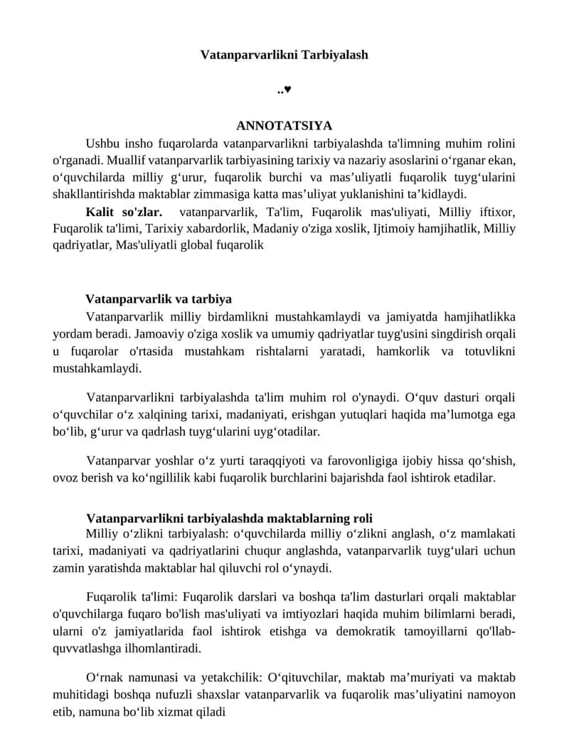 Vatanparvarlikni Tarbiyalash