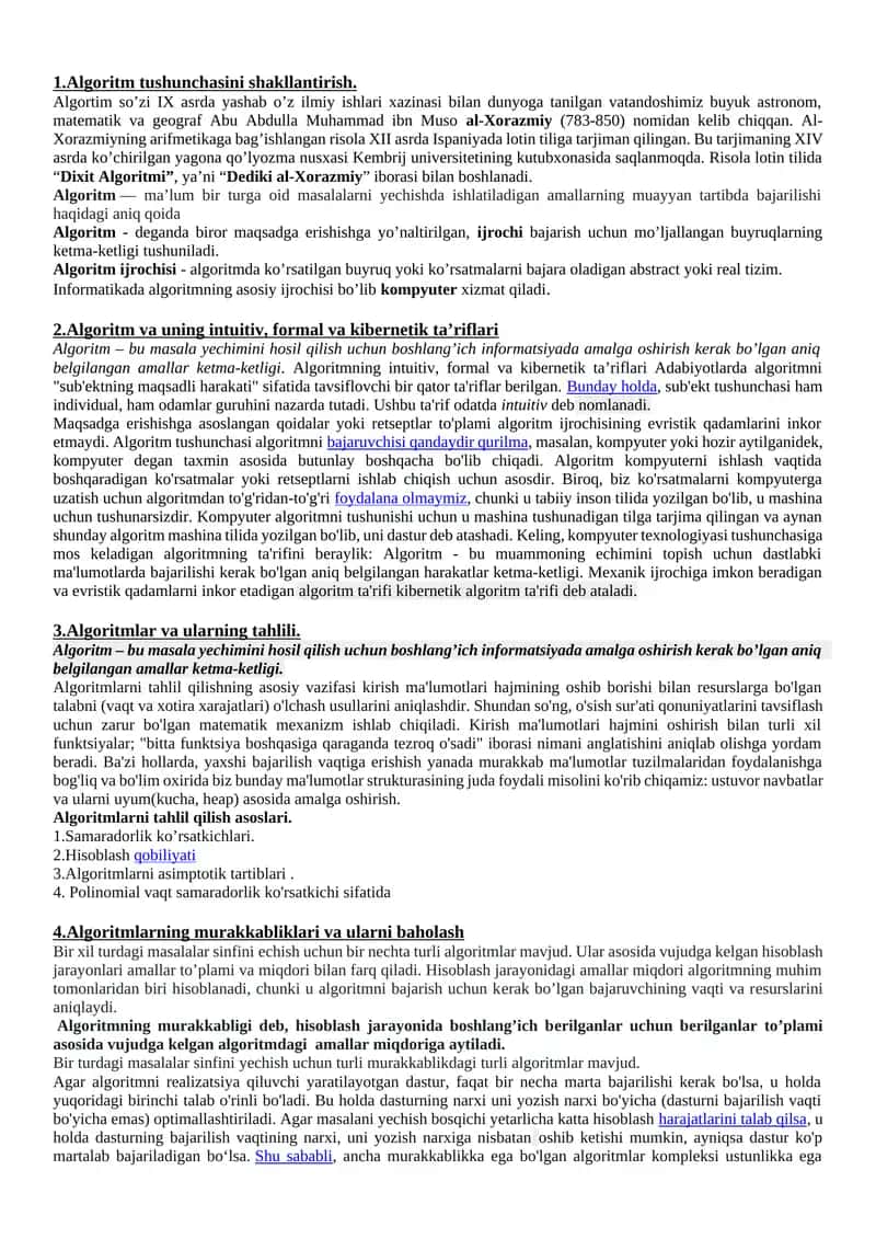 Algoritm tushunchasini shakllantirish