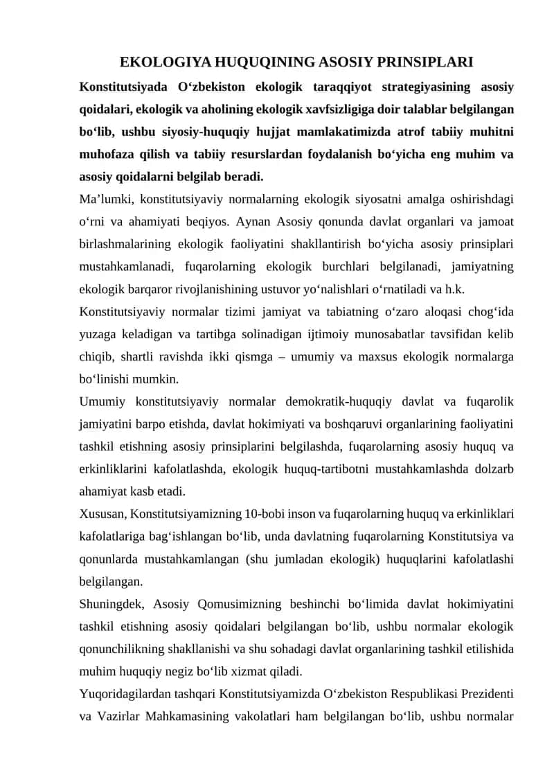 EKOLOGIYA HUQUQINING ASOSIY PRINSIPLARI
