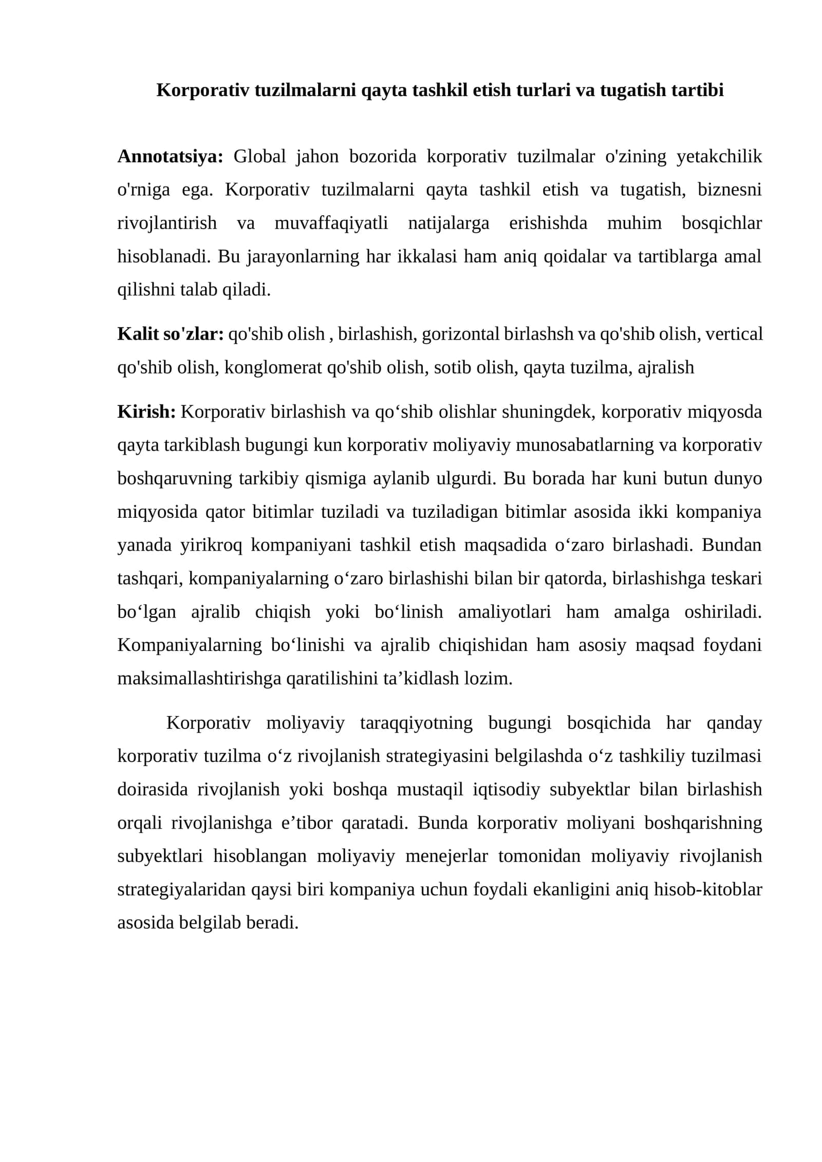 Korporativ tuzilmalarni qayta tashkil etish turlari va tugatish tartibi