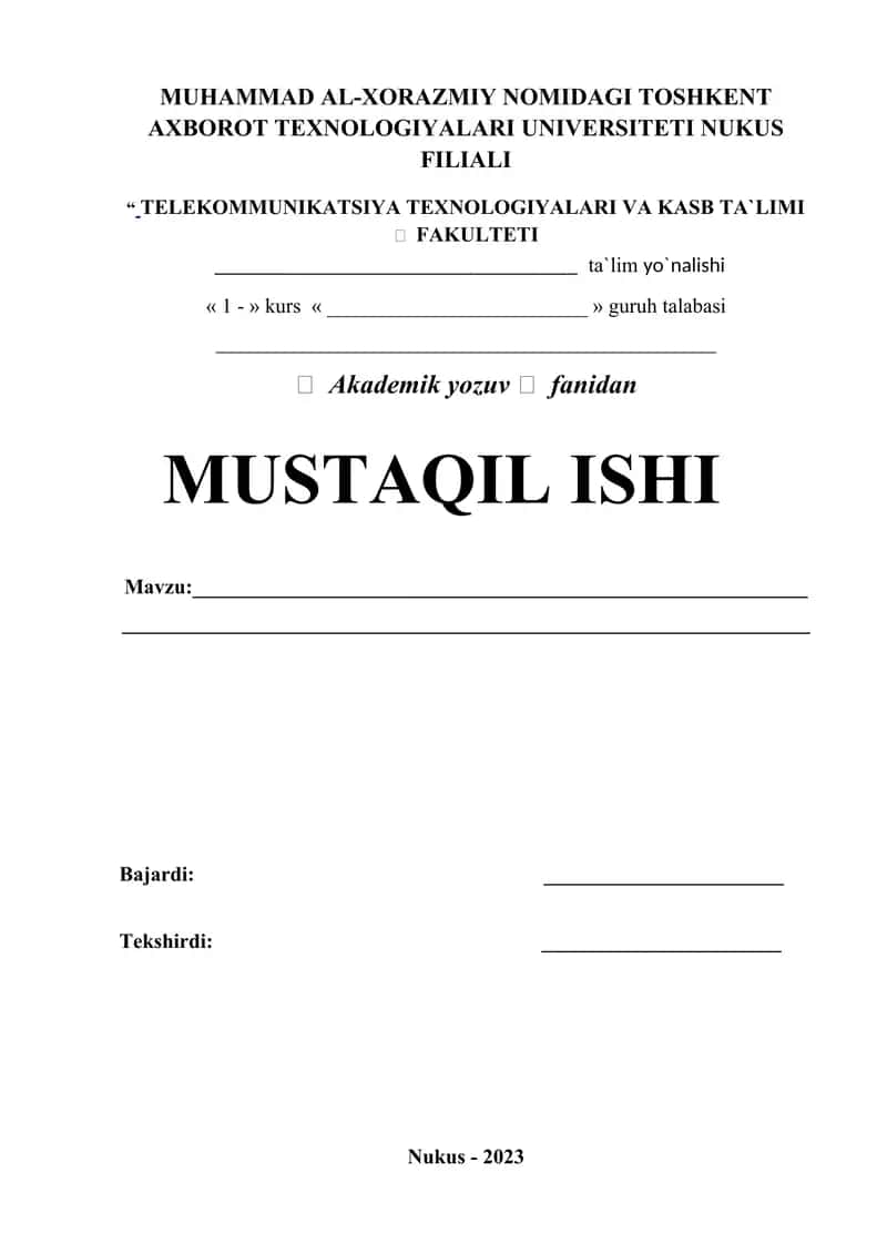 Akademik yozuv mustaqil ishni usti