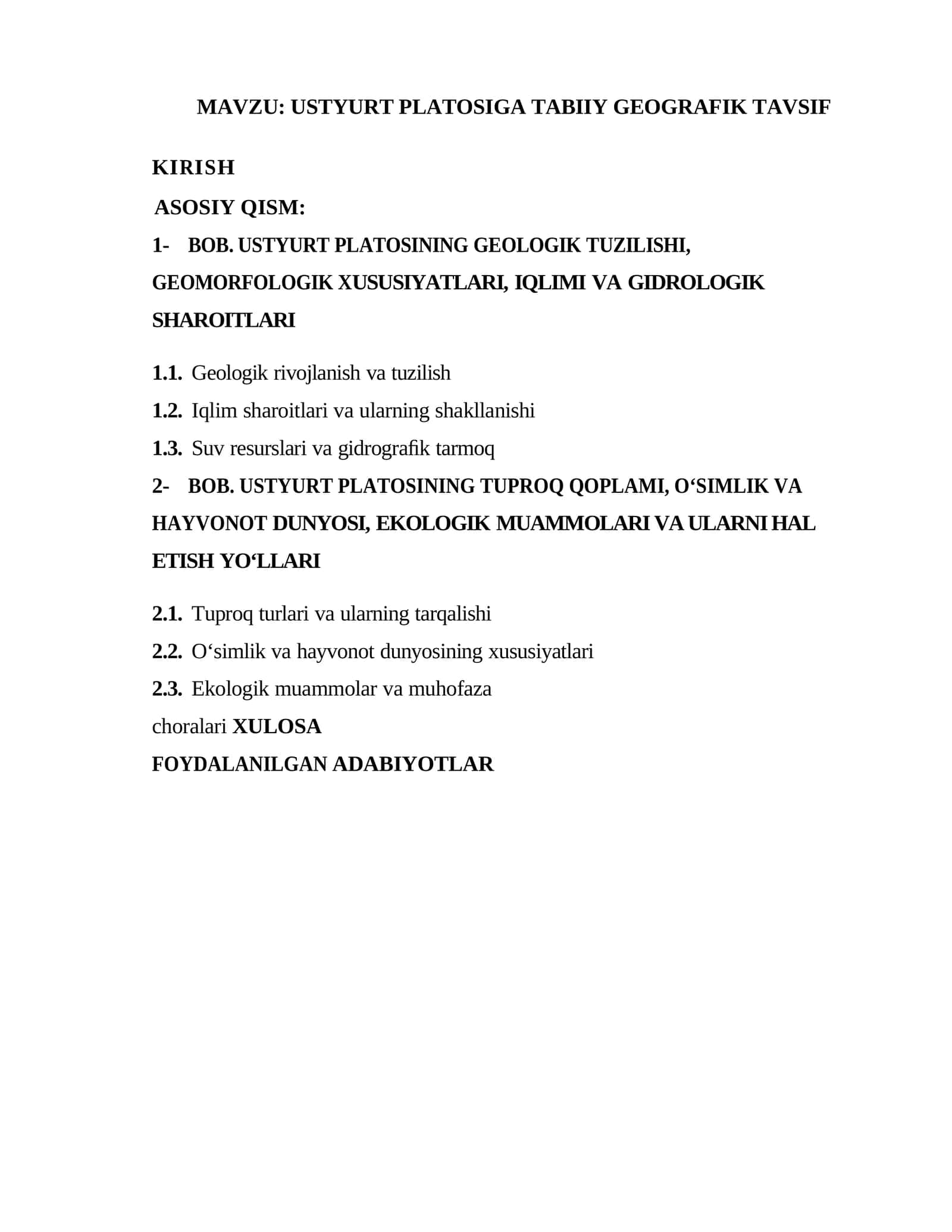 USTYURT PLATOSIGA TABIIY GEOGRAFIK TAVSIF