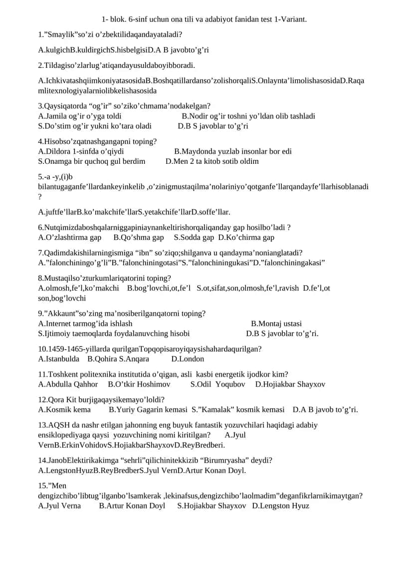 1- blok. 6-sinf uchun ona tili va adabiyot fanidan test 1-Variant