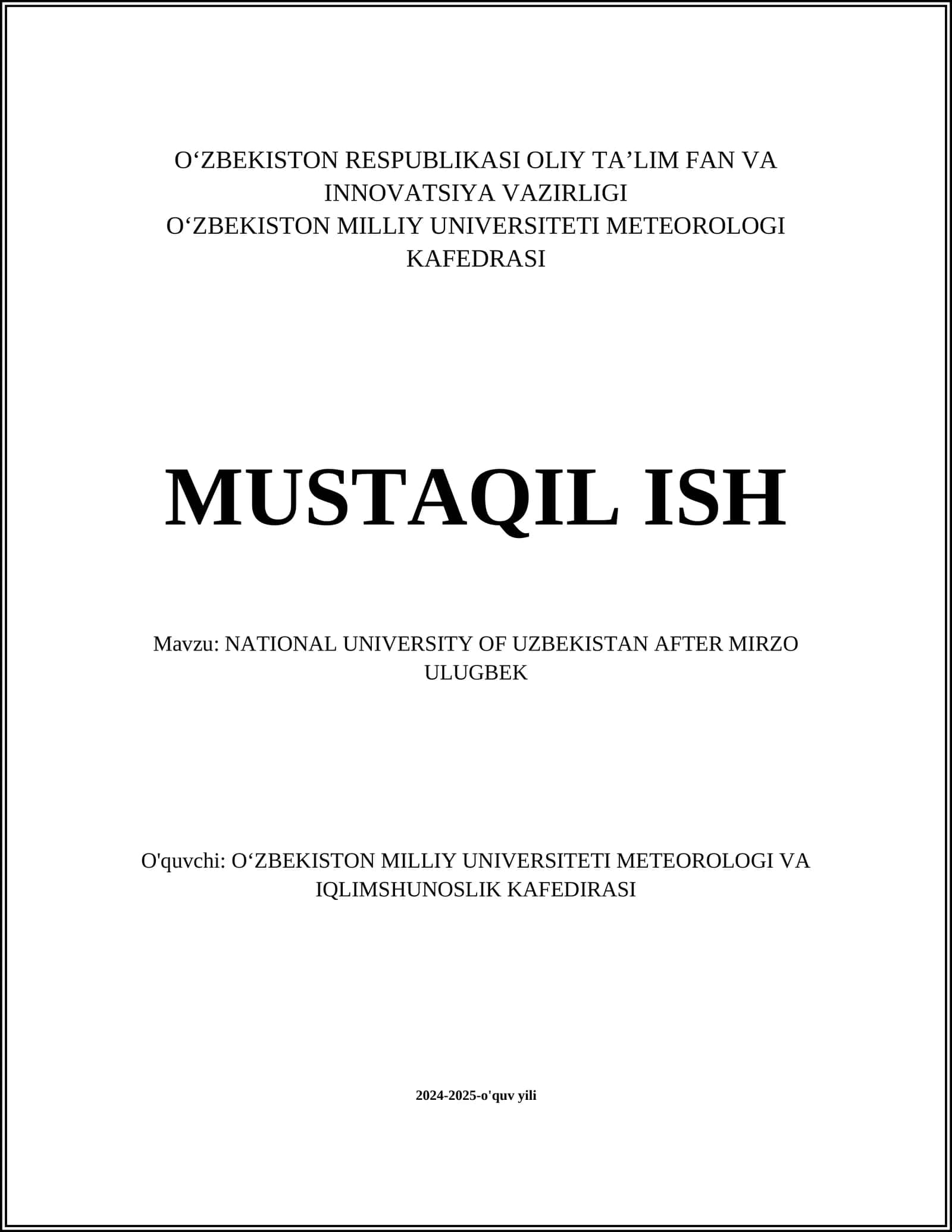 Mavzu: NATIONAL UNIVERSITY OF UZBEKISTAN AFTER MIRZO ULUGBEK